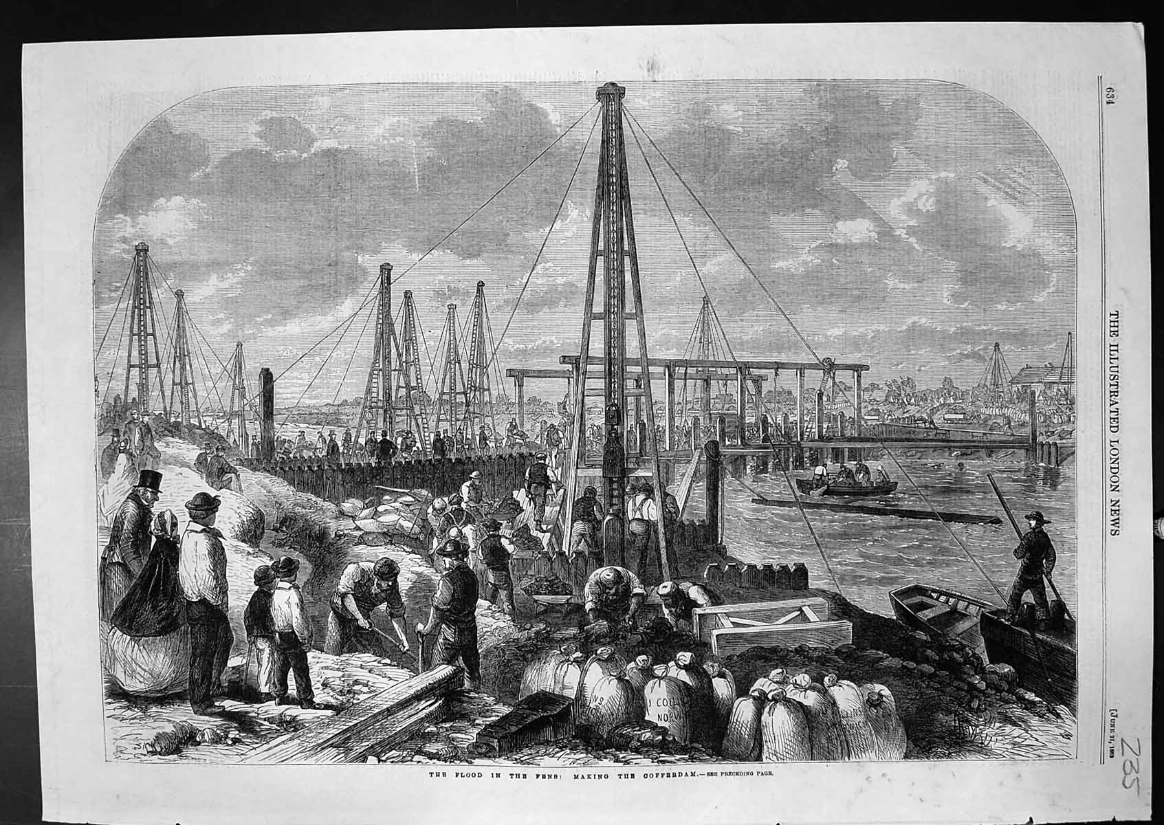 Original Old Antique Print Flood In Fens Making Cofferdam Workmen Boats 1862