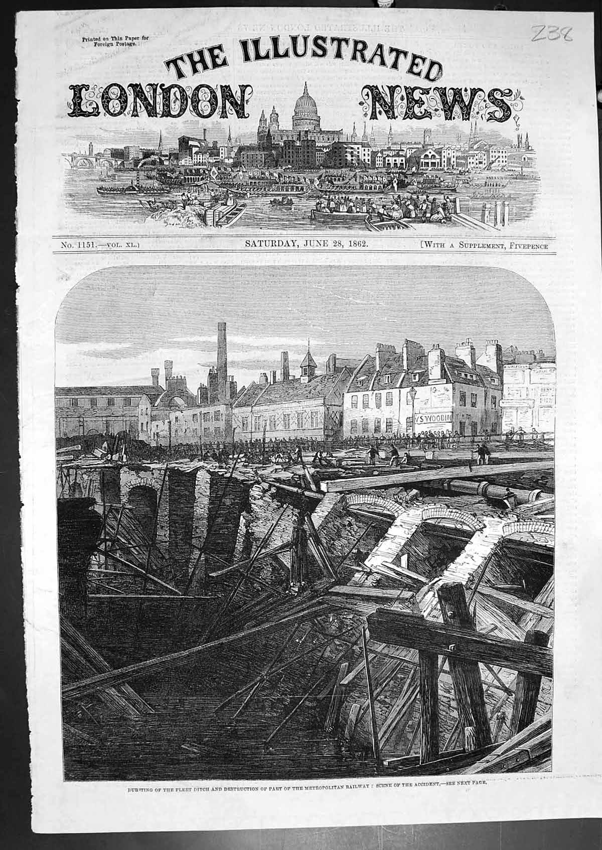 Antique Old Print Bursting Fleet Ditch Destruction Metropolitan Railway 1862