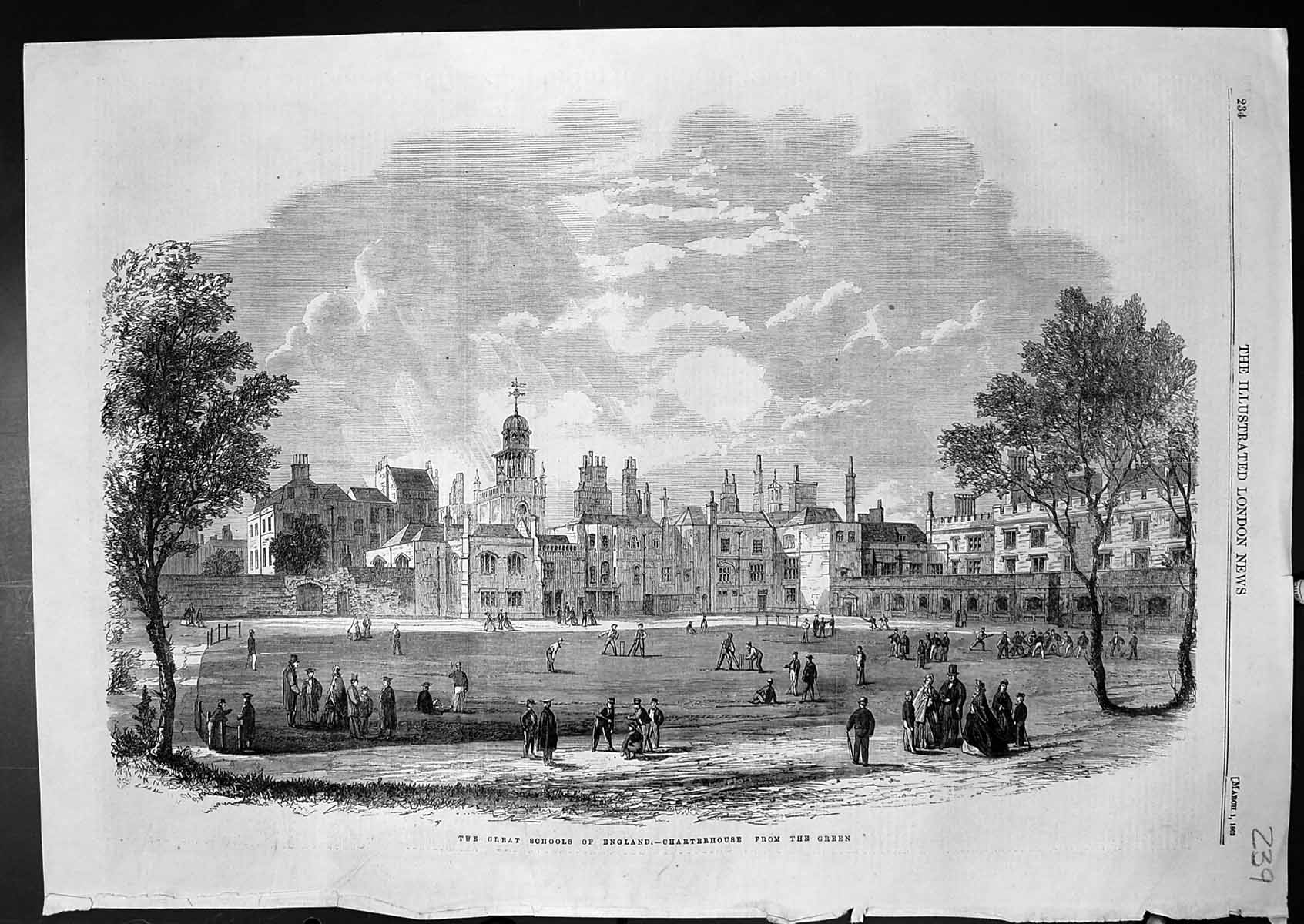 Original Old Antique Print Great Schools England Charterhouse From Green 1862