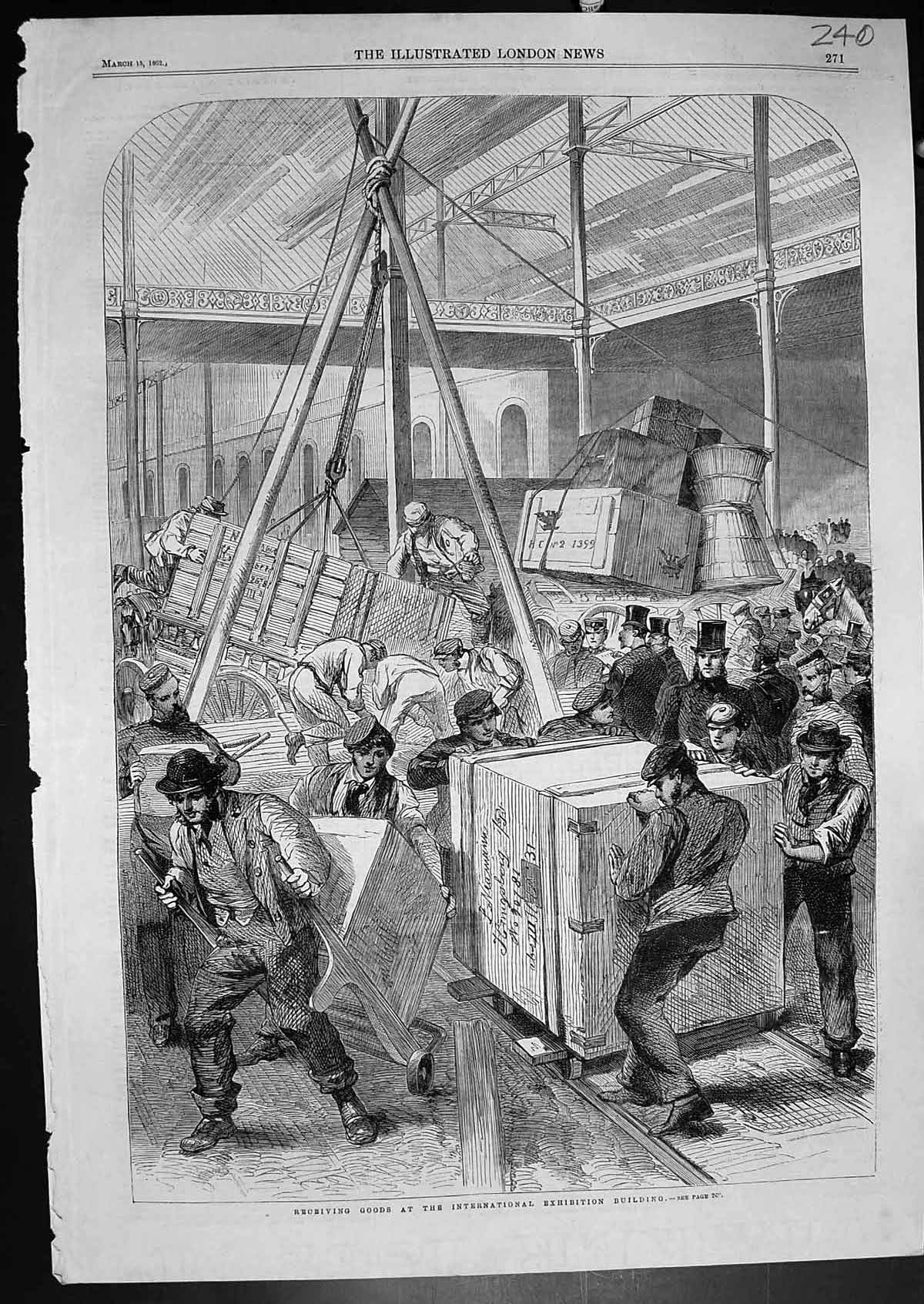Old Antique Print Receiving Goods International Exhibition Building 1862 19th