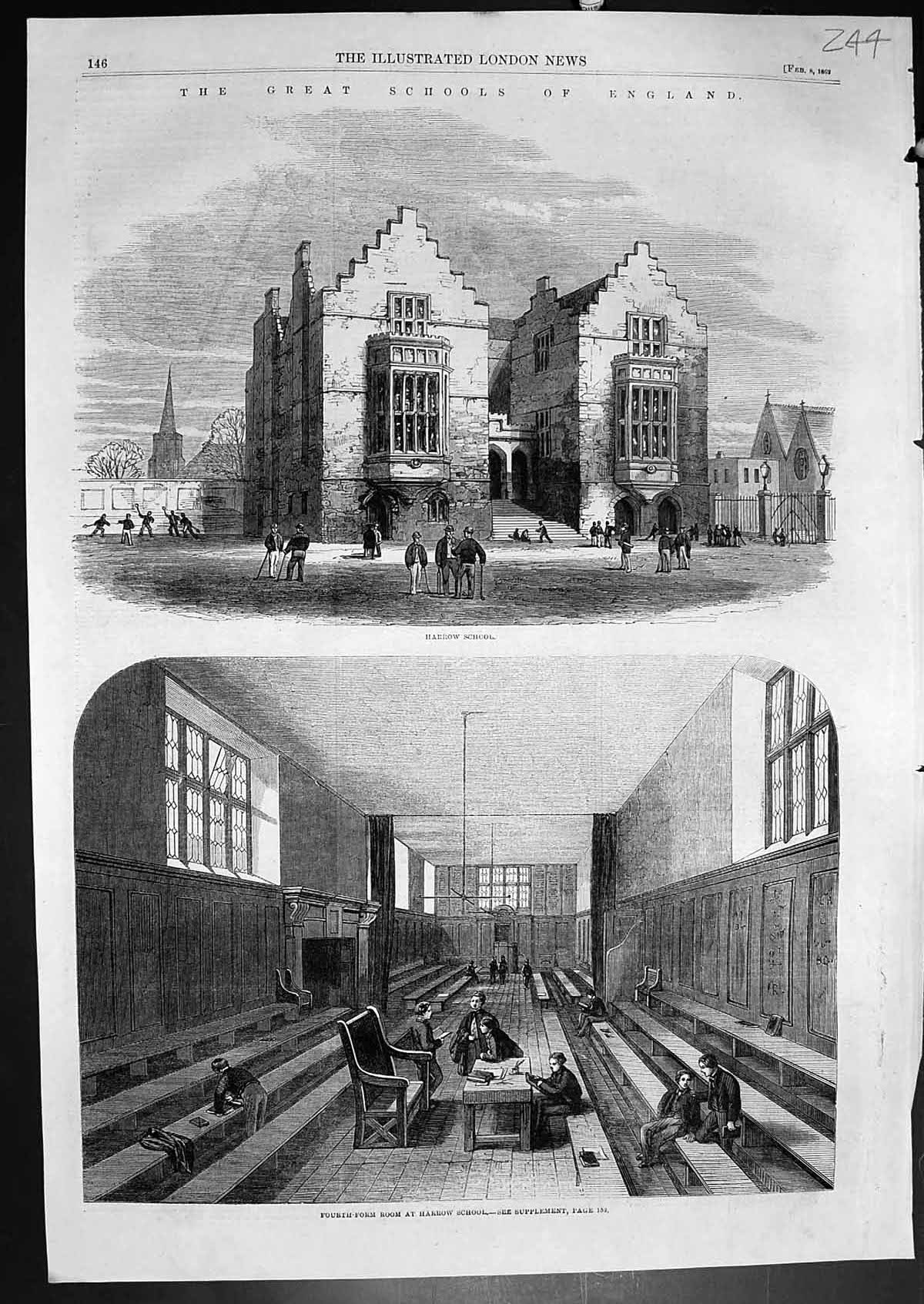 Antique Old Print Great Schools England Harrow Fourth Form Room Harrow 1862