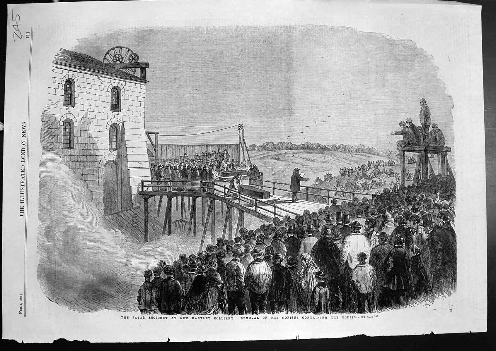 Old Print Fatal Accident New Hartley Colliery Removal Coffins Bodies 1862 19th