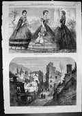Original Old Antique Print Paris Fashions May Scene Recent Fire Falmouth 1862