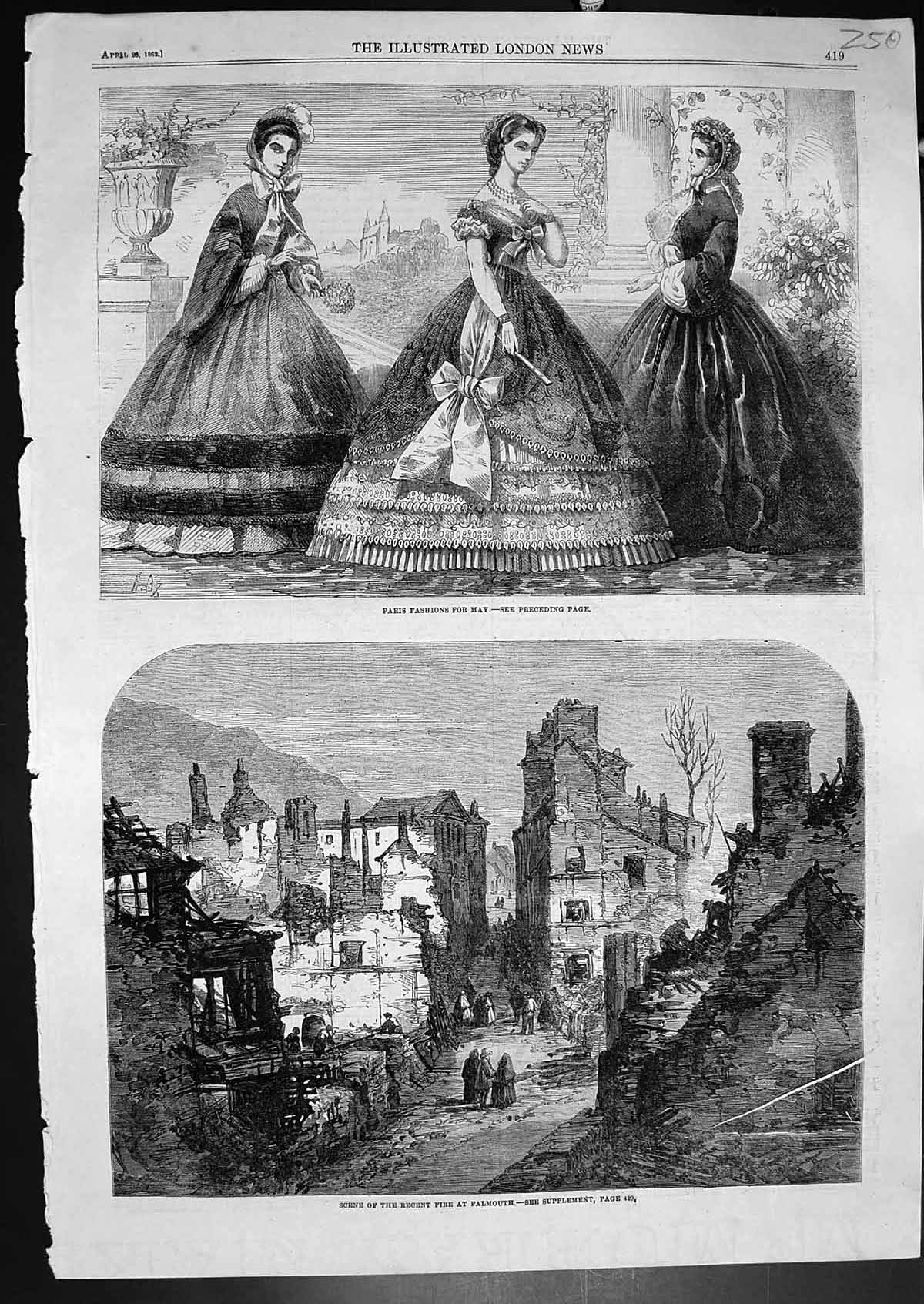 Original Old Antique Print Paris Fashions May Scene Recent Fire Falmouth 1862