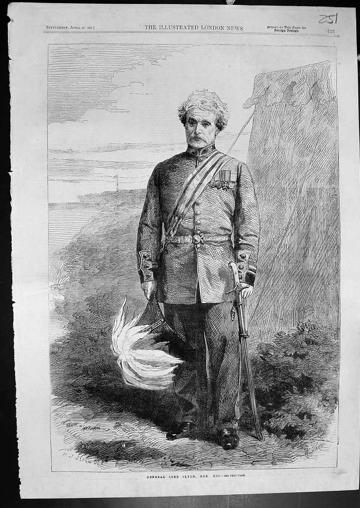 Old Print General Lord Clyde Commander In Chief Volunteers Brighton 1862 19th