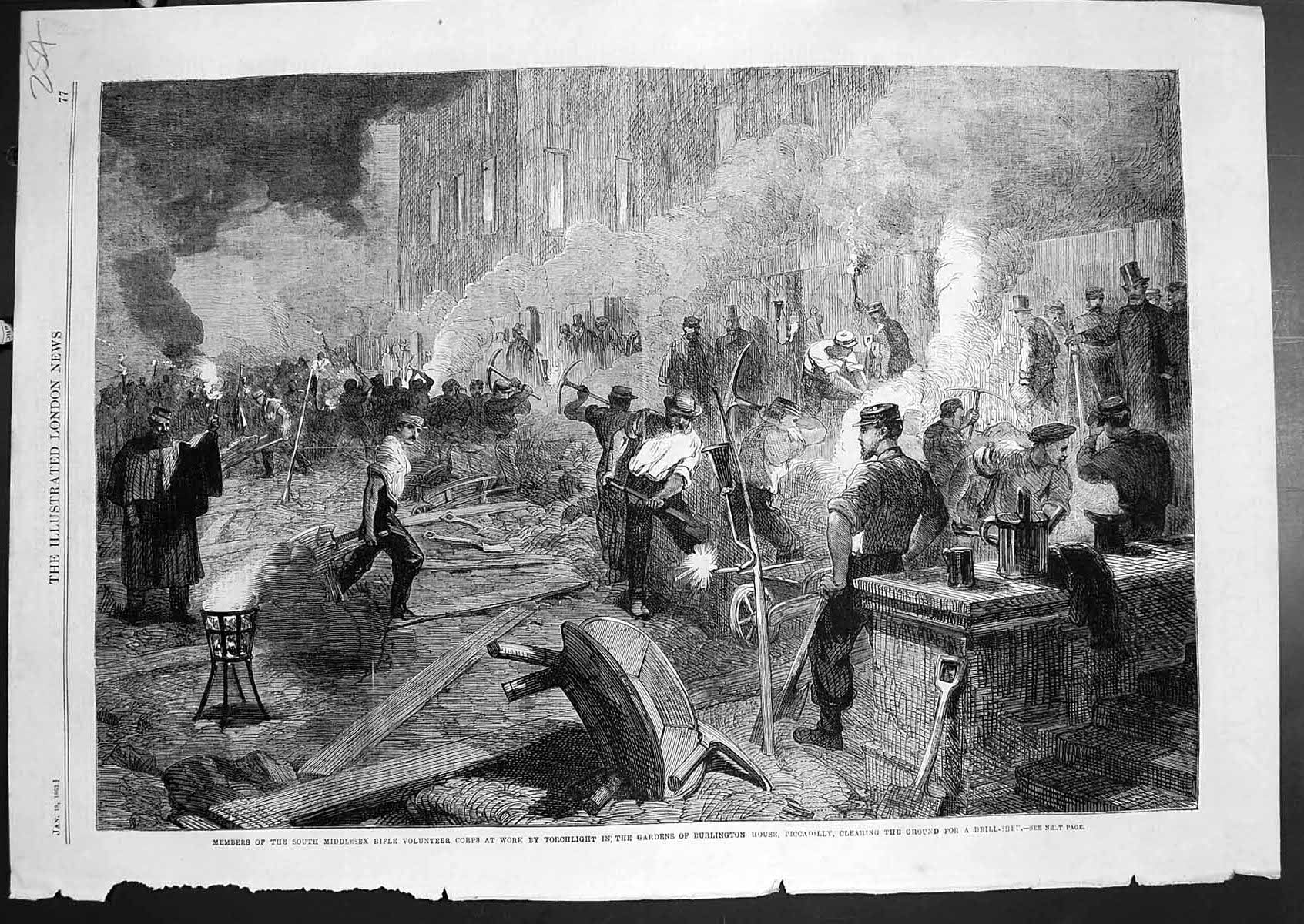 Antique Old Print South Middlesex Rifle Volunteers Work Burlington House 1862