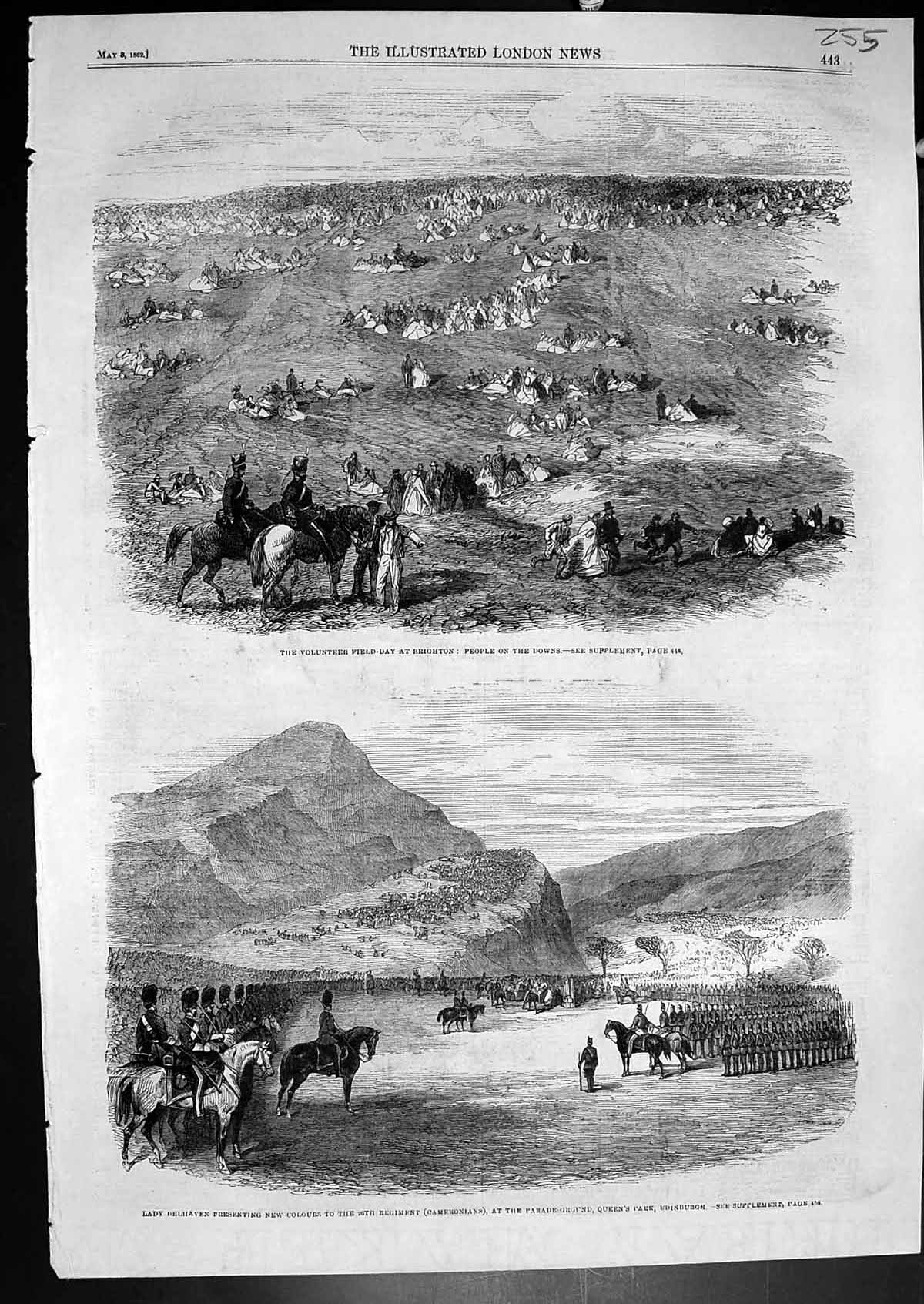 Old Print Volunteer Day Brighton Lady Belhaven Cameronians Edinburgh 1862 19th