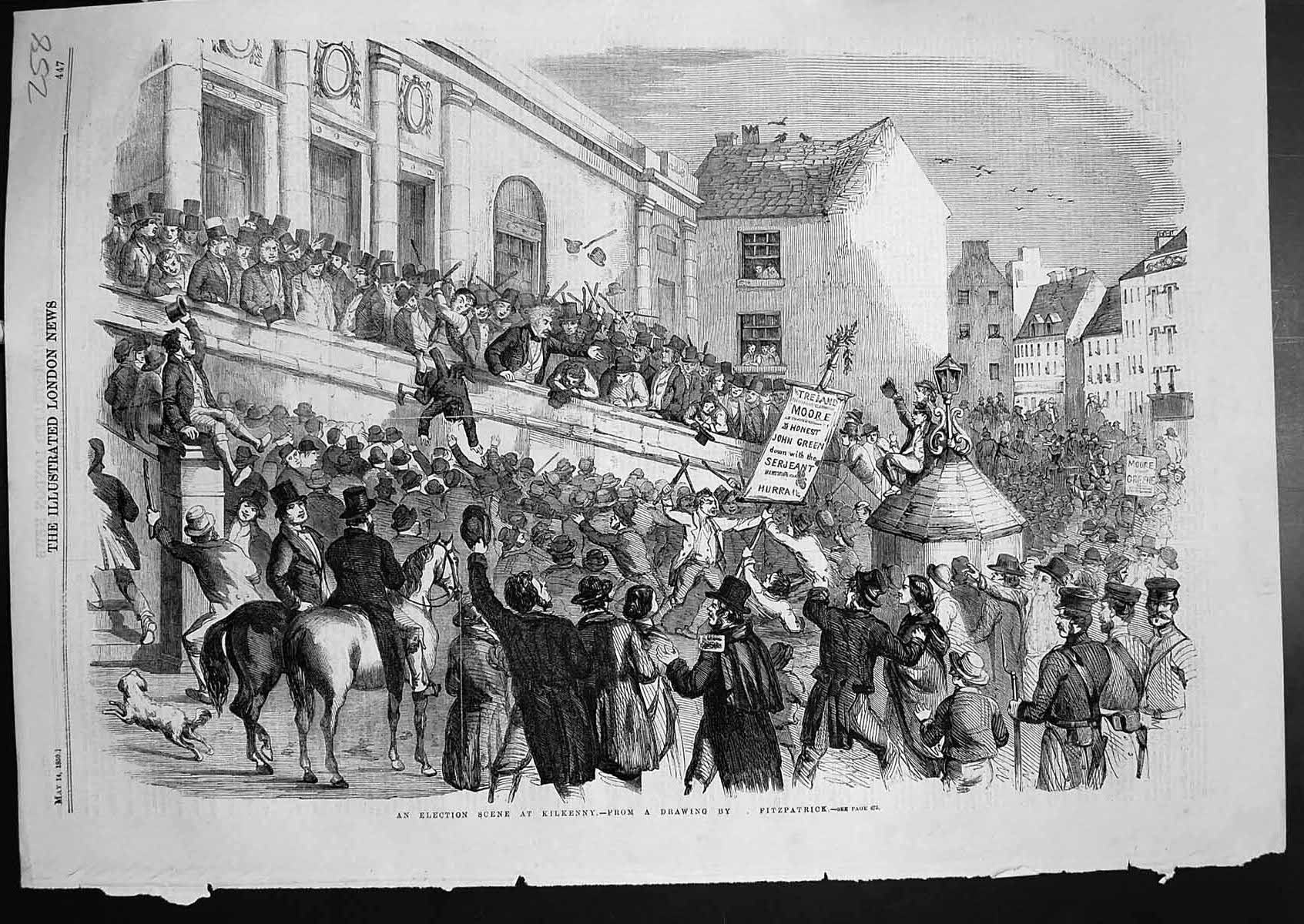 Original Old Antique Print Election Scene Kilkenny Drawing Fitzpatrick 1859