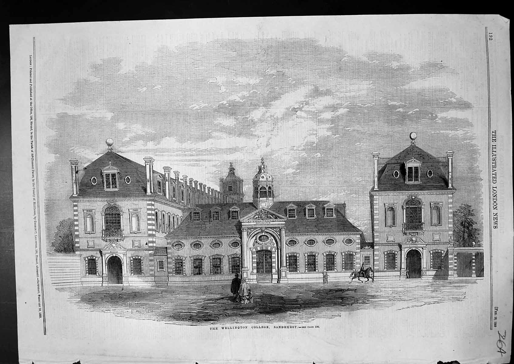 Original Old Antique Print Exterior Wellington College Sandhurst 1859 Victorian