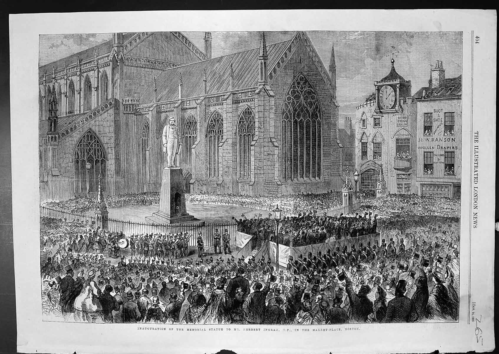 Antique Old Print Inauguration Memorial Statue Herbert Ingram Mp Boston 1862