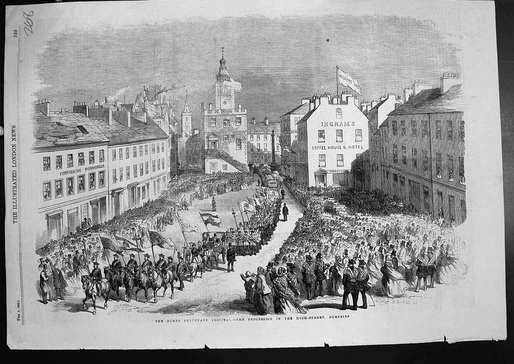 Antique Print Burns Centenary Festival Procession High Street Dumfries 1859