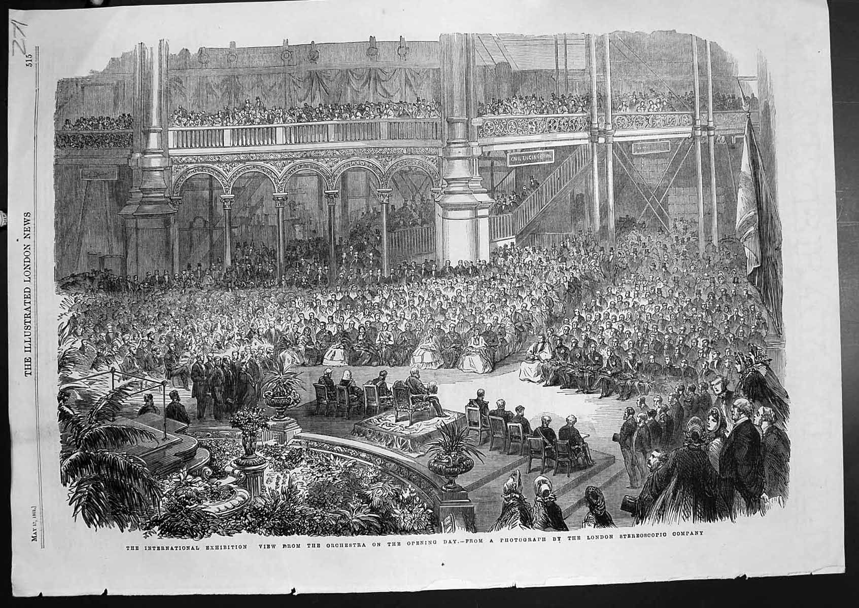 Antique Old Print International Exhibition View Orchestra Opening Day 1862 19th