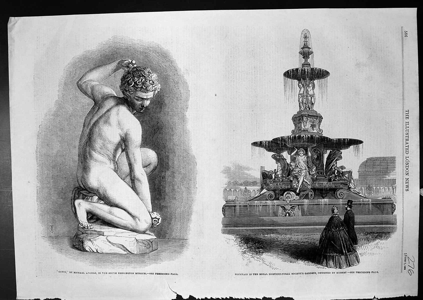 Old Print Cupid Michael Angelo Museum Fountain Horticultural Gardens 1862 19th