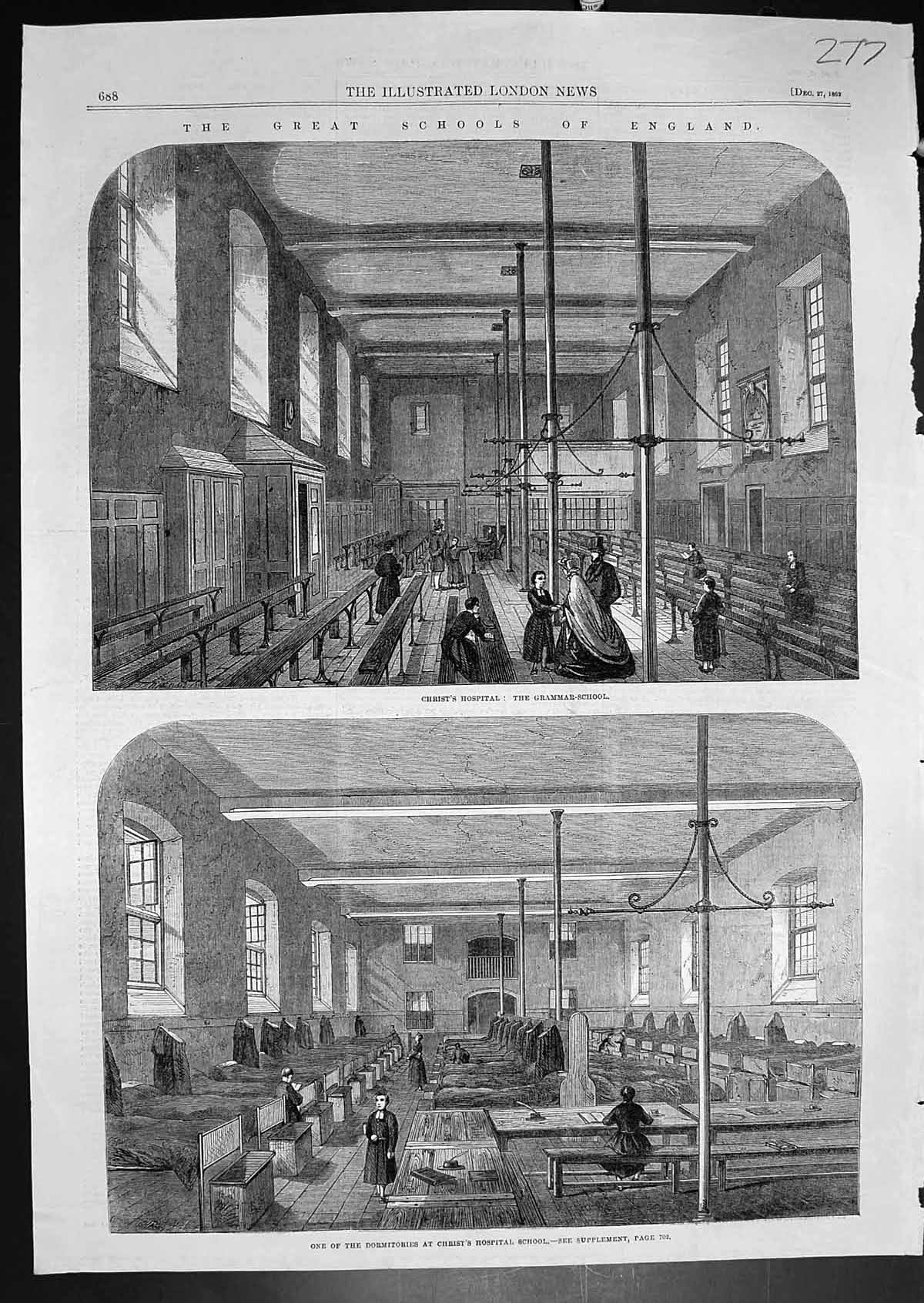 Old Antique Print Christs Hospital Grammar School Dormitories School 1862 19th