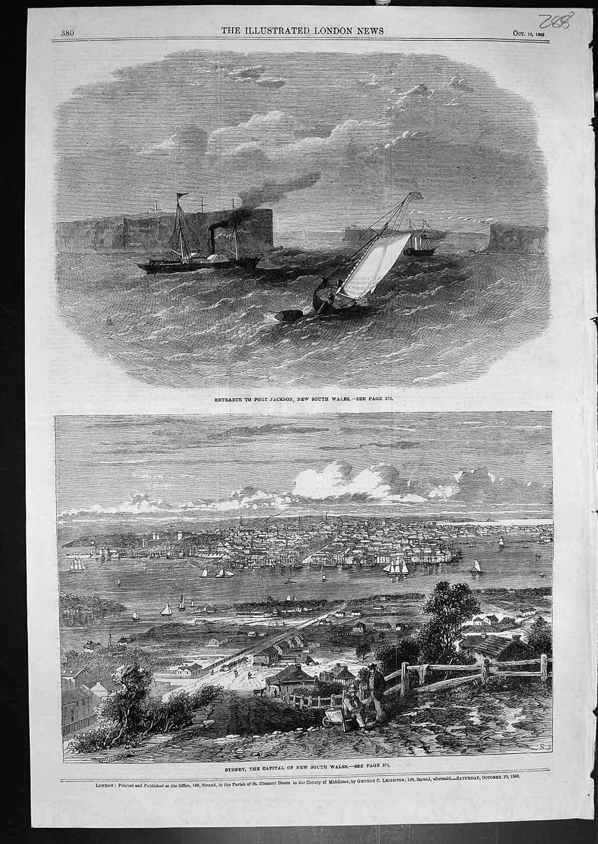 Antique Old Print Entrance Port Jackson New South Wales Sydney Capital 1863