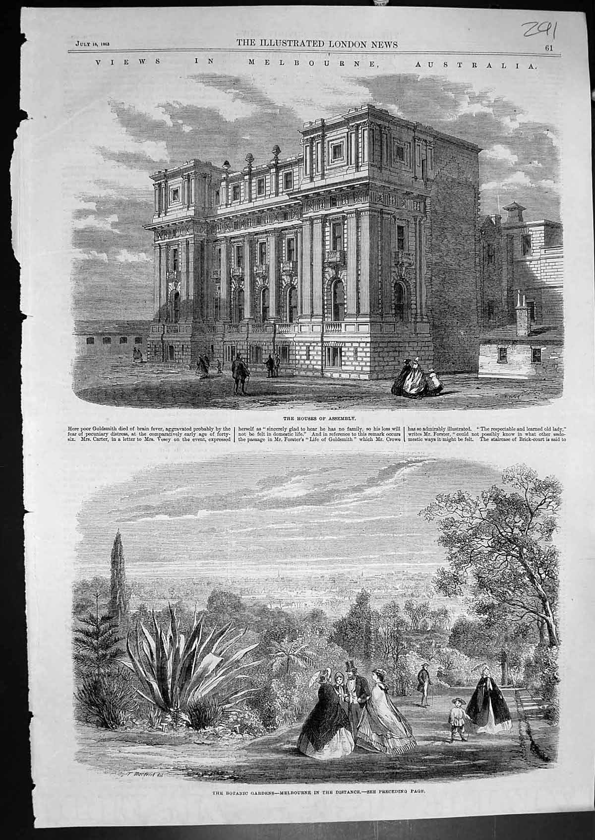 Old Print Views Melbourne Australia Houses Assembly Botanic Gardens 1863 19th