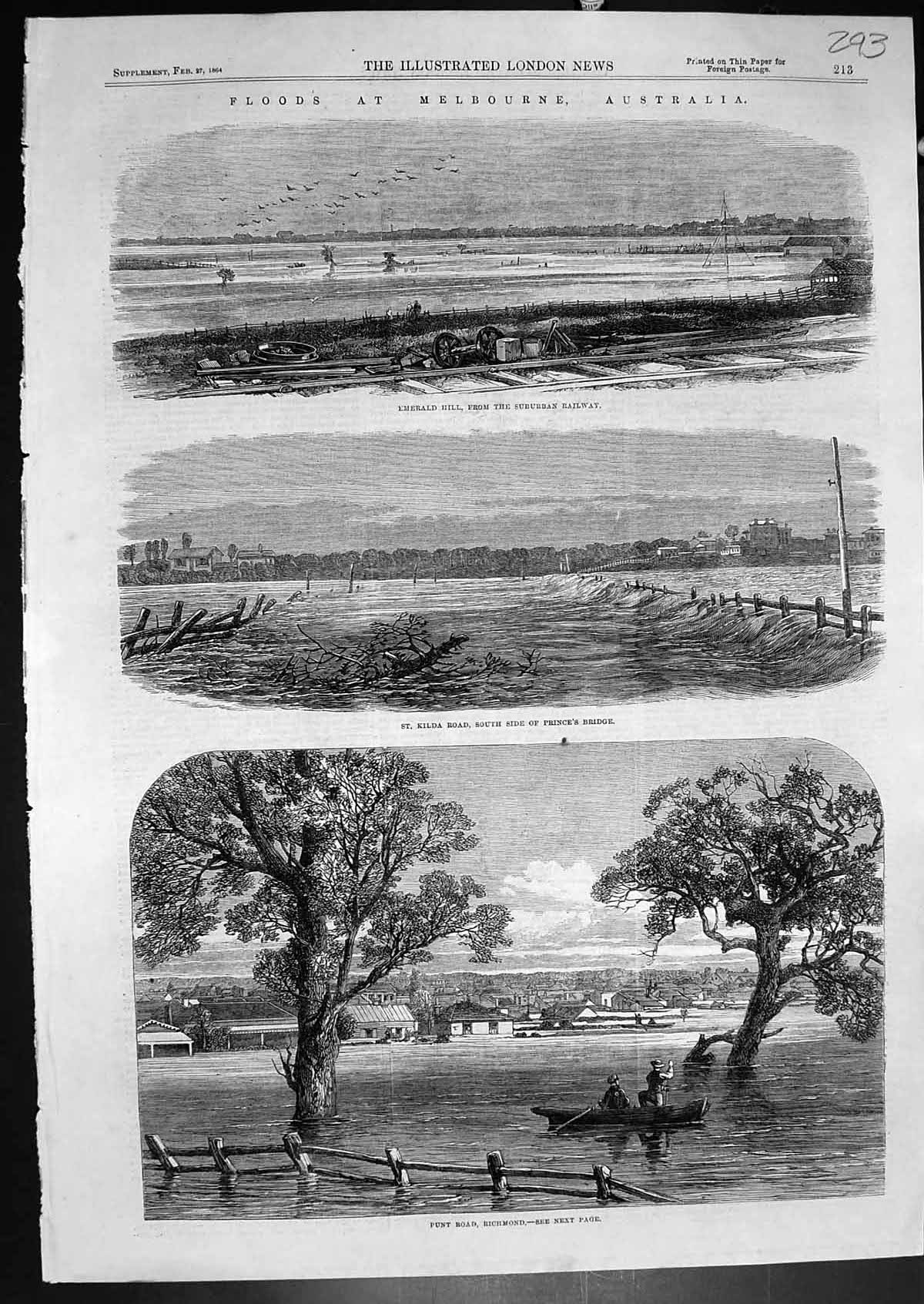 Old Print Floods Melbourne Emerald Hill St Kilda Road Princes Bridge 1864 19th