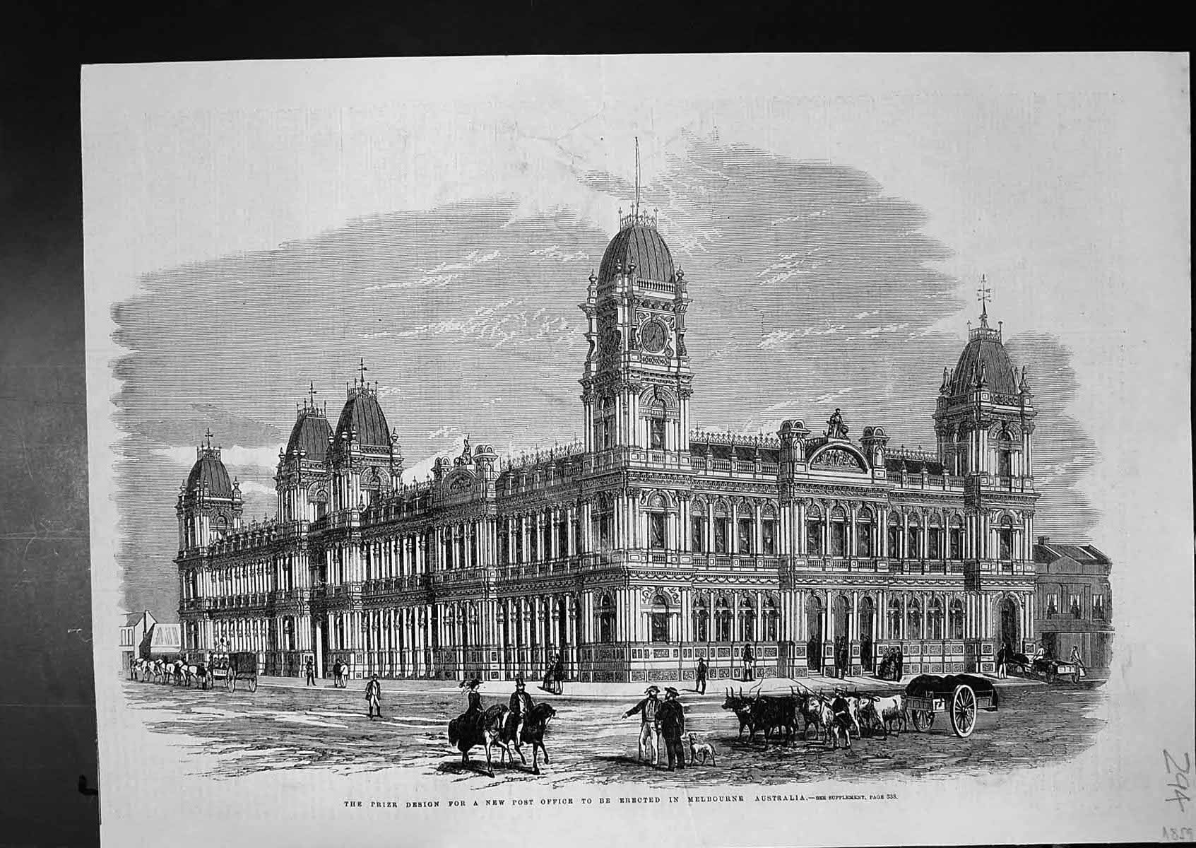 Antique Old Print Prize Design New Post Office To Be Erected Melbourne 1859