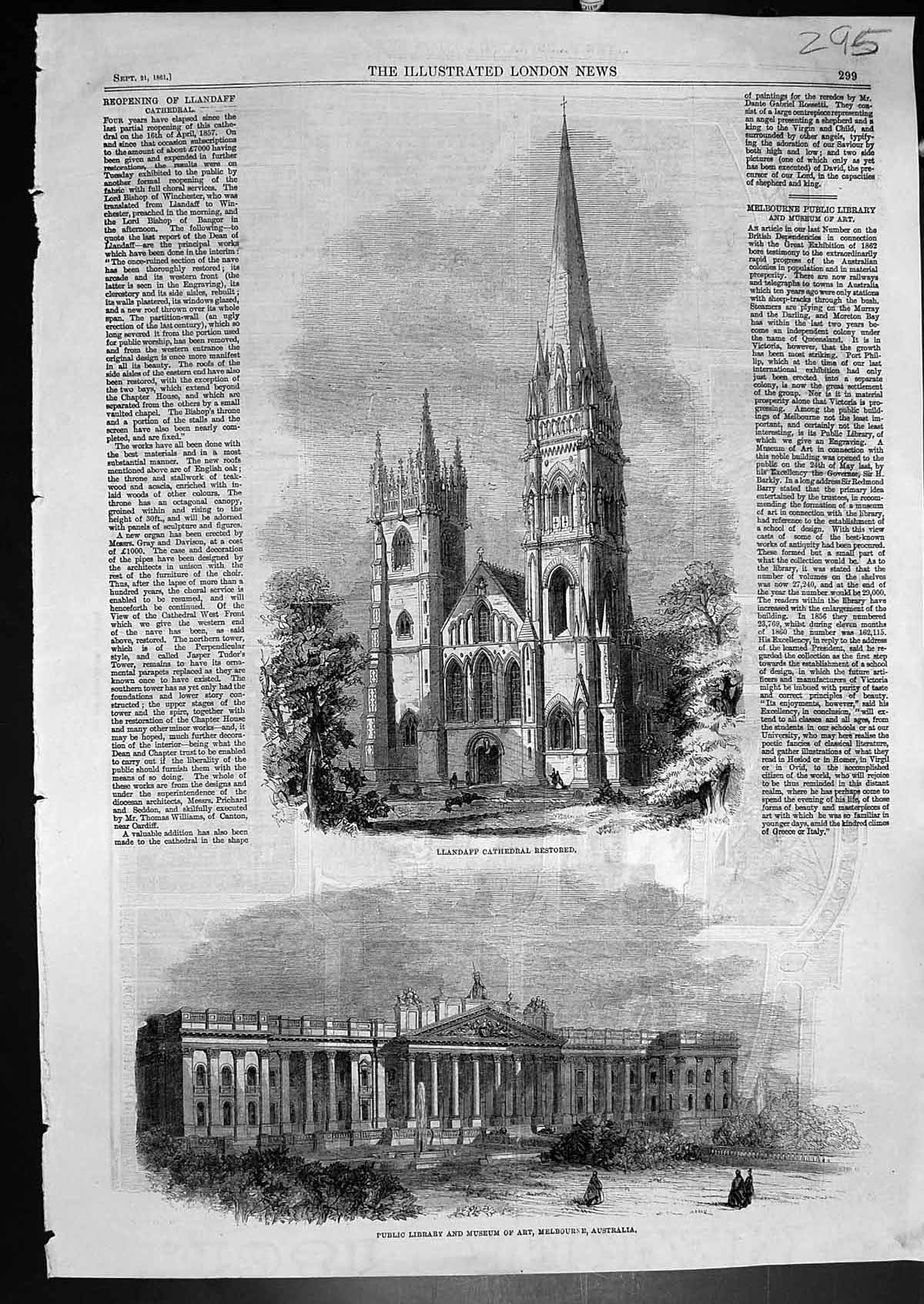 Antique Old Print Llandaff Cathedral Public Library Museum Art Melbourne 1861