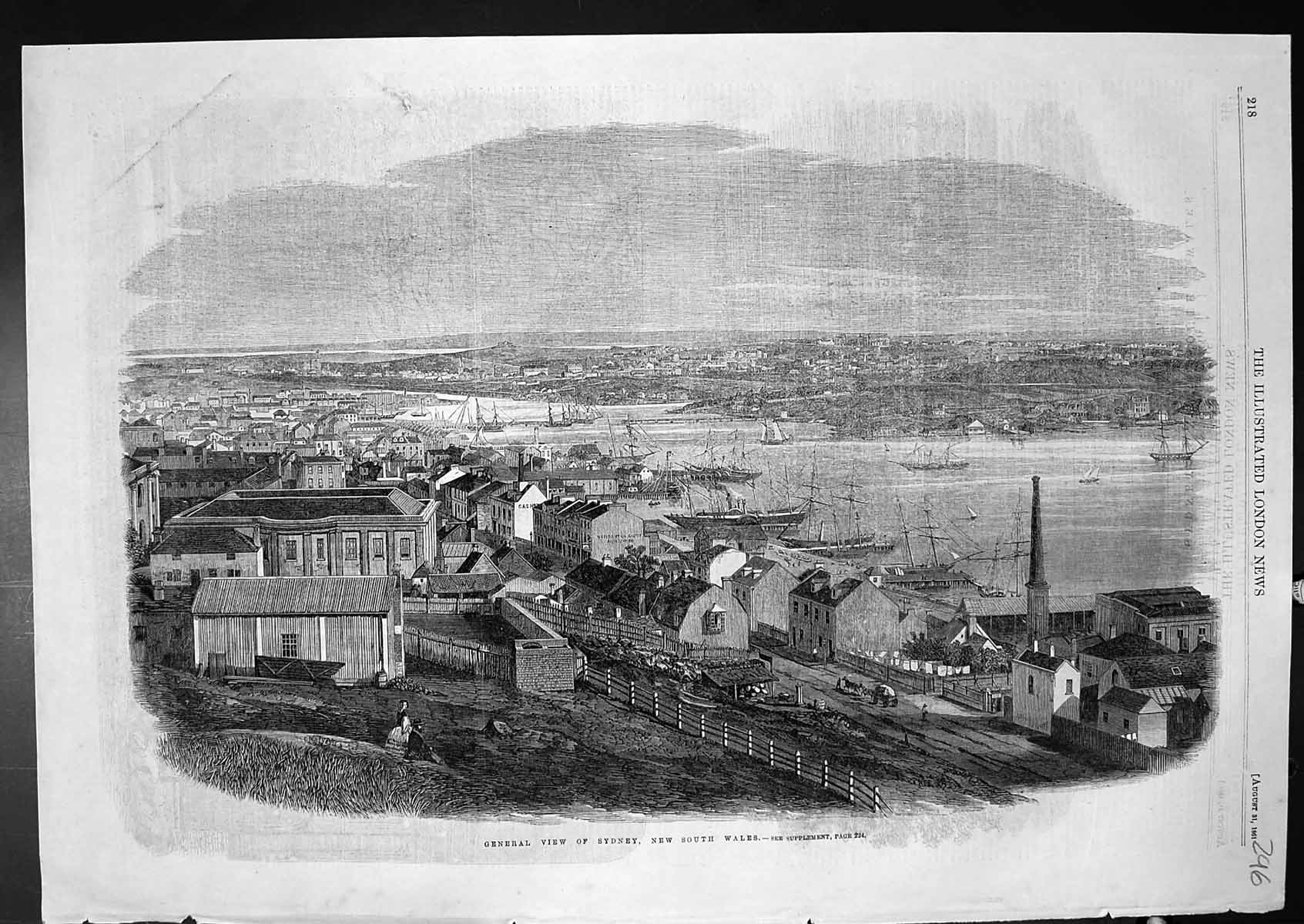 Original Old Antique Print General View Sydney New South Wales 1861 Victorian