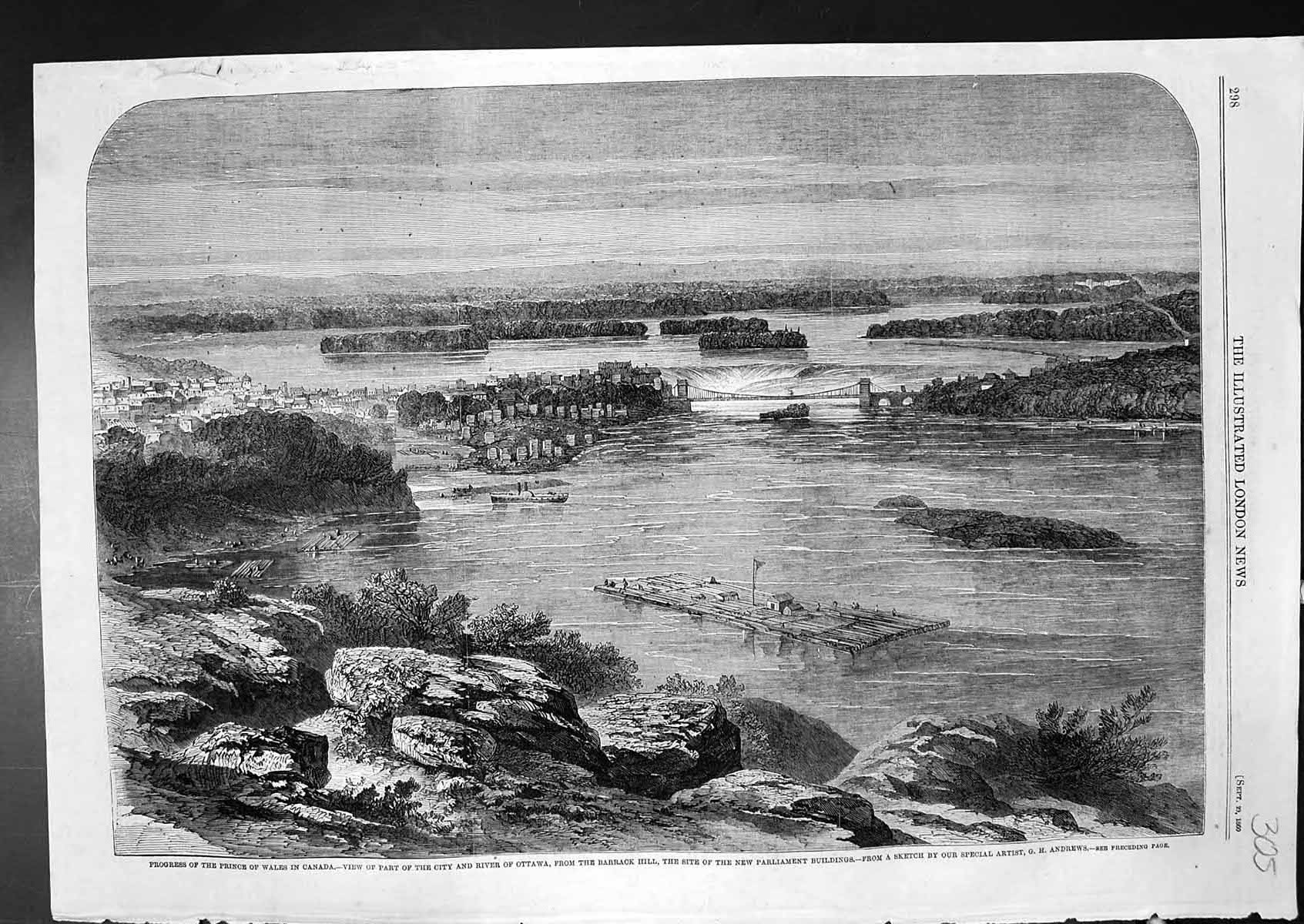 Antique Print Prince Wales Canada City River Ottawa GCrown Found Spain 1860