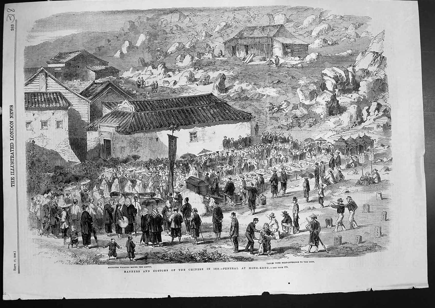 Antique Print Chinese Funeral Hong Kong Monkstone Rock Beacon Bristol 1859 19th