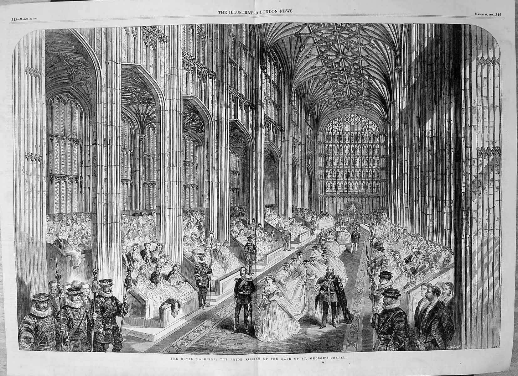 Antique Old Print Royal Marriage Bride Passing Up Nave St Georges Chapel 1863