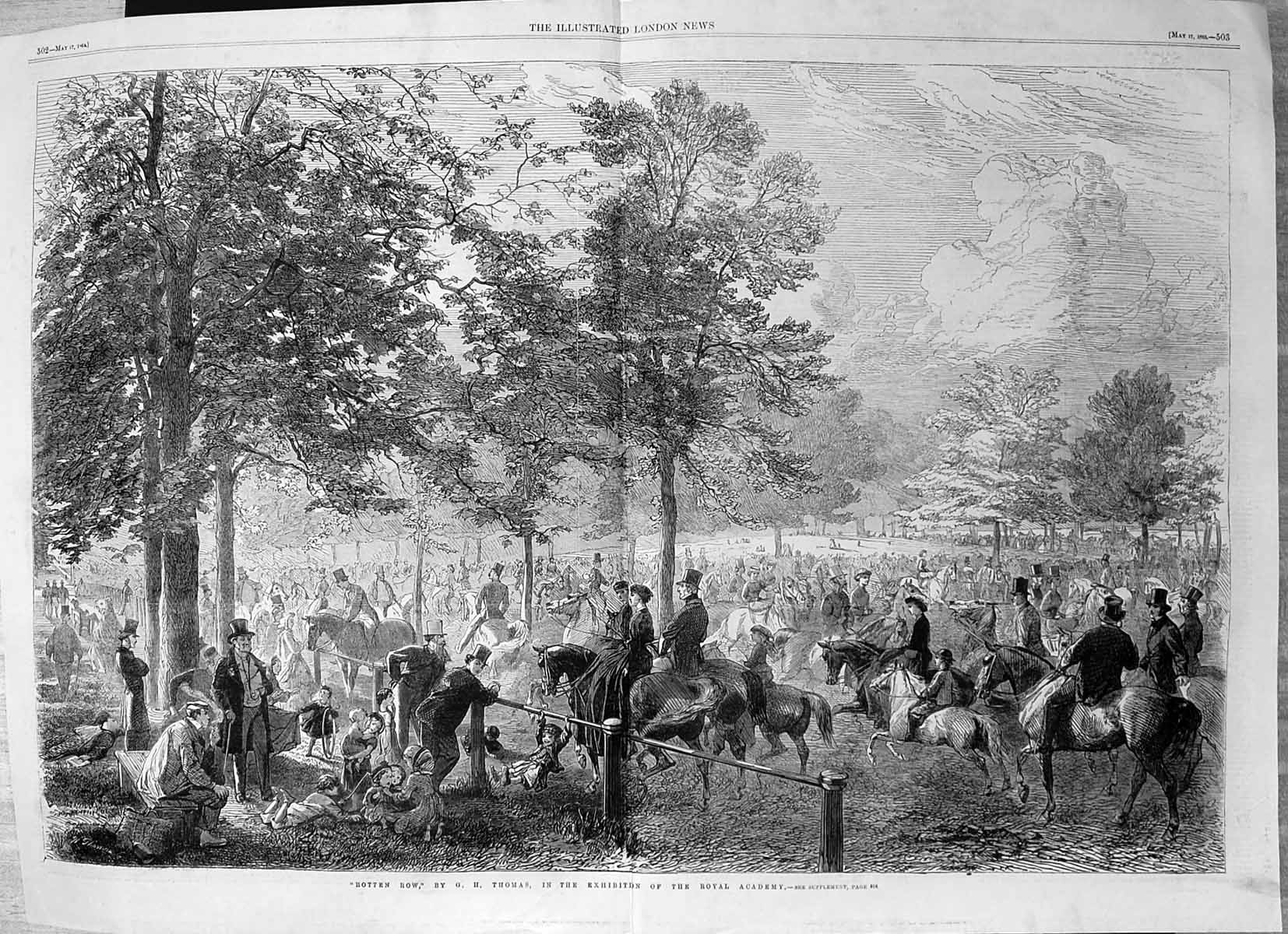 Antique Old Print Rotten Row G H Thomas Exhibition Royal Academy Horses 1862