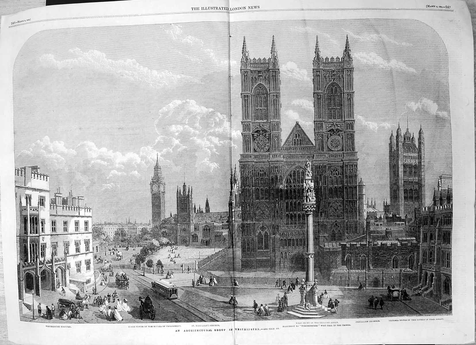 Antique Print Westminster Abbey Clock Tower Houses Parliament Hospital 1862