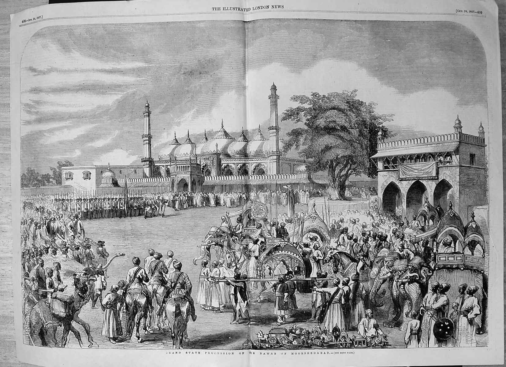 Original Old Antique Print Grand State Procession Nawab Moorshedabad 1857 19th