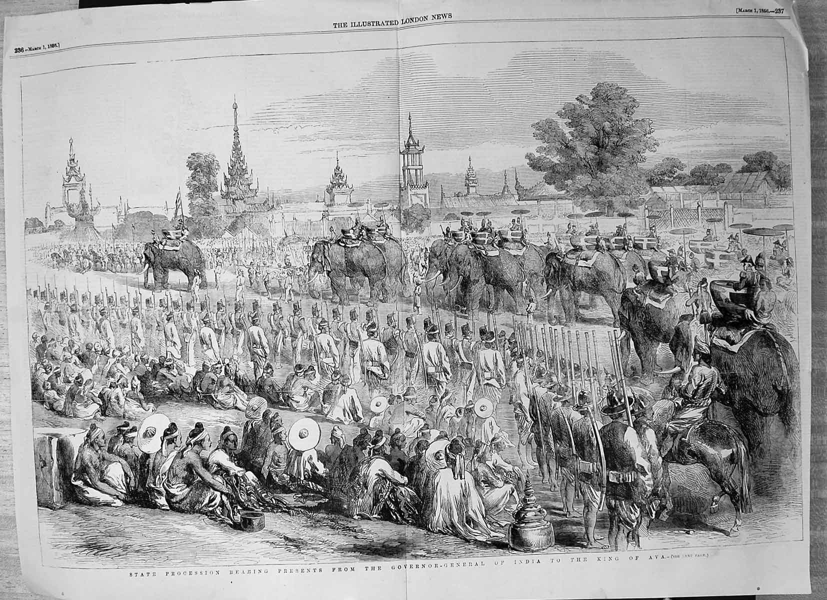 Old Print State Procession Presents Governor General India King Ava 1856 19th