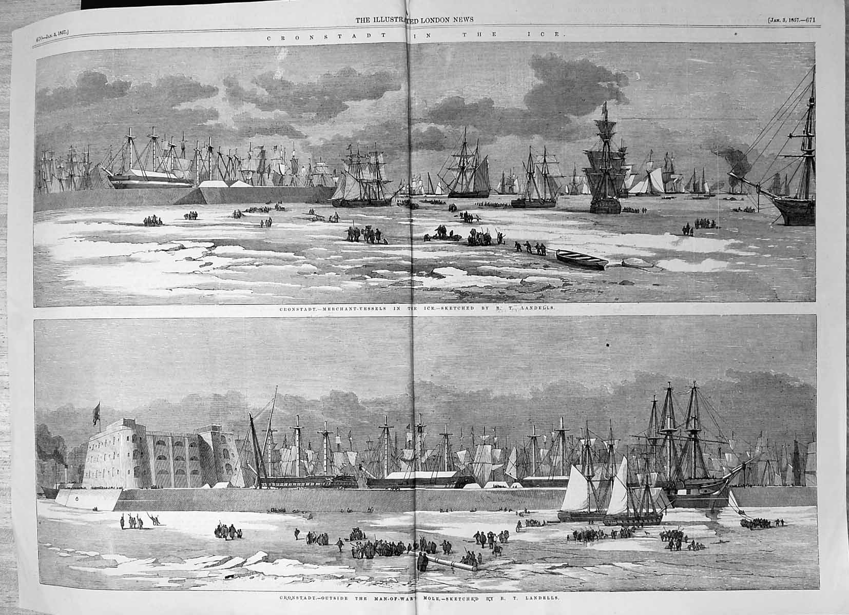 Antique Print Cronstadt Ice Merchant Vessels Ice Outside Man Wars Mole 1857