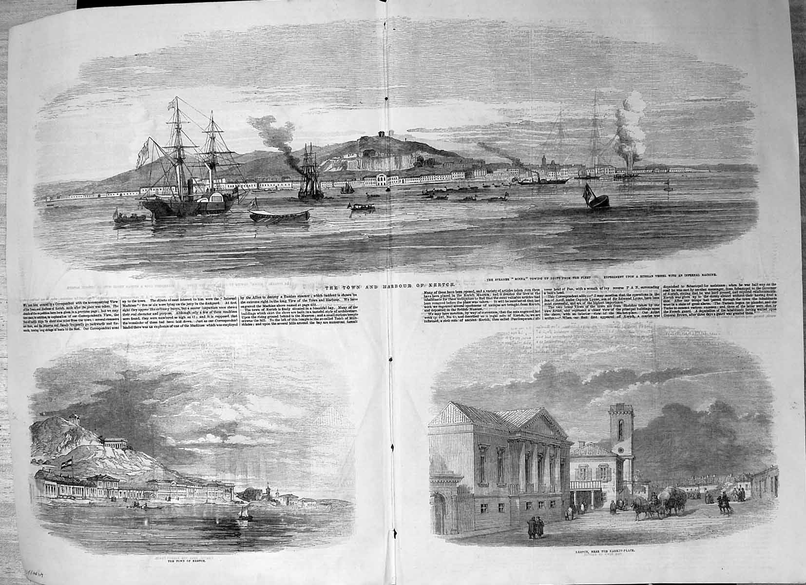 Antique Old Print Town Harbour Kertch Steamer Minna Towing Boats Fleet 1855
