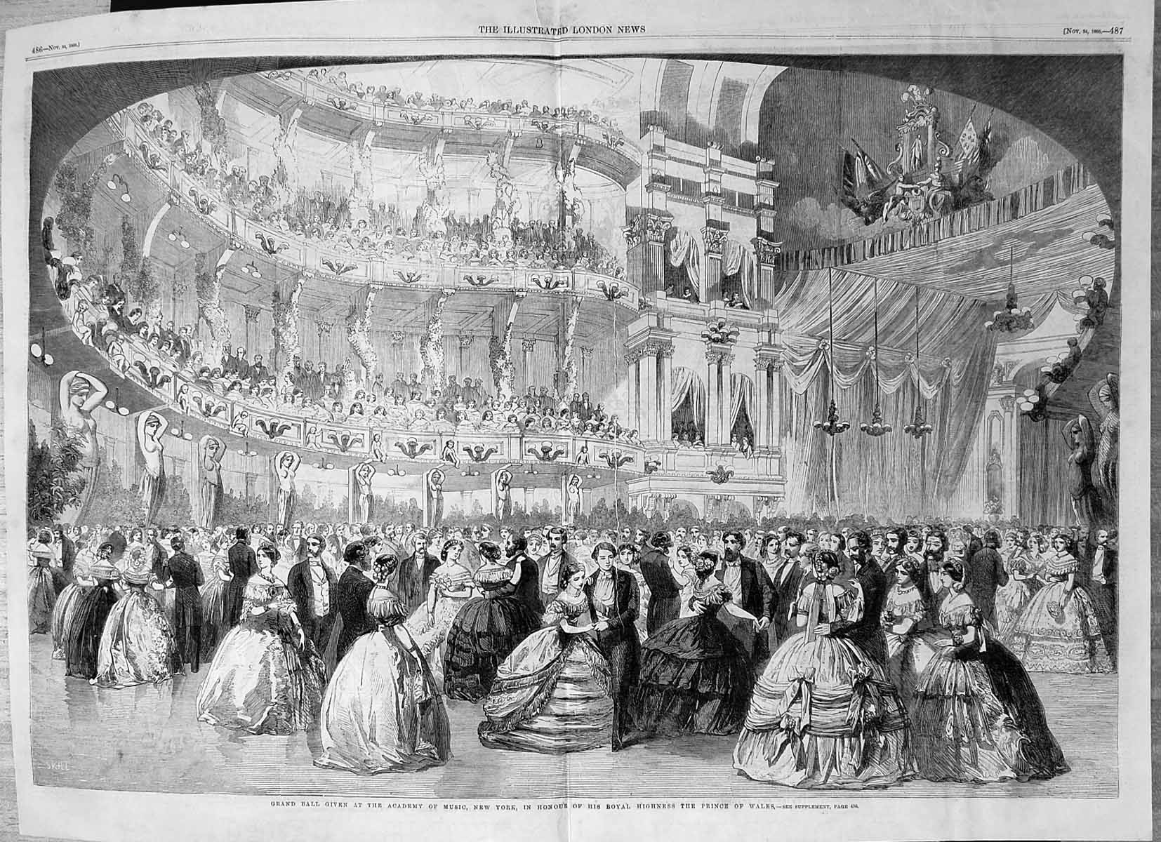 Antique Old Print Grand Ball Academy Music New York Honour Prince Wales 1860