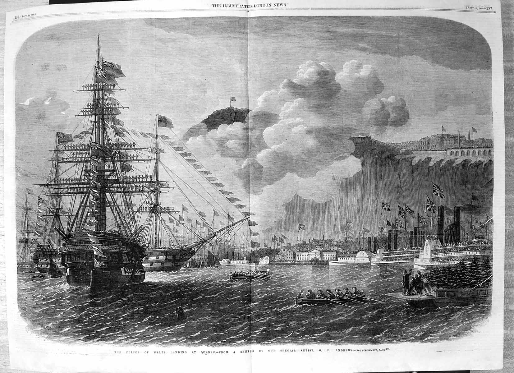 Antique Old Print Prince Wales Visit Canada Landing Quebec G H Andrews 1860
