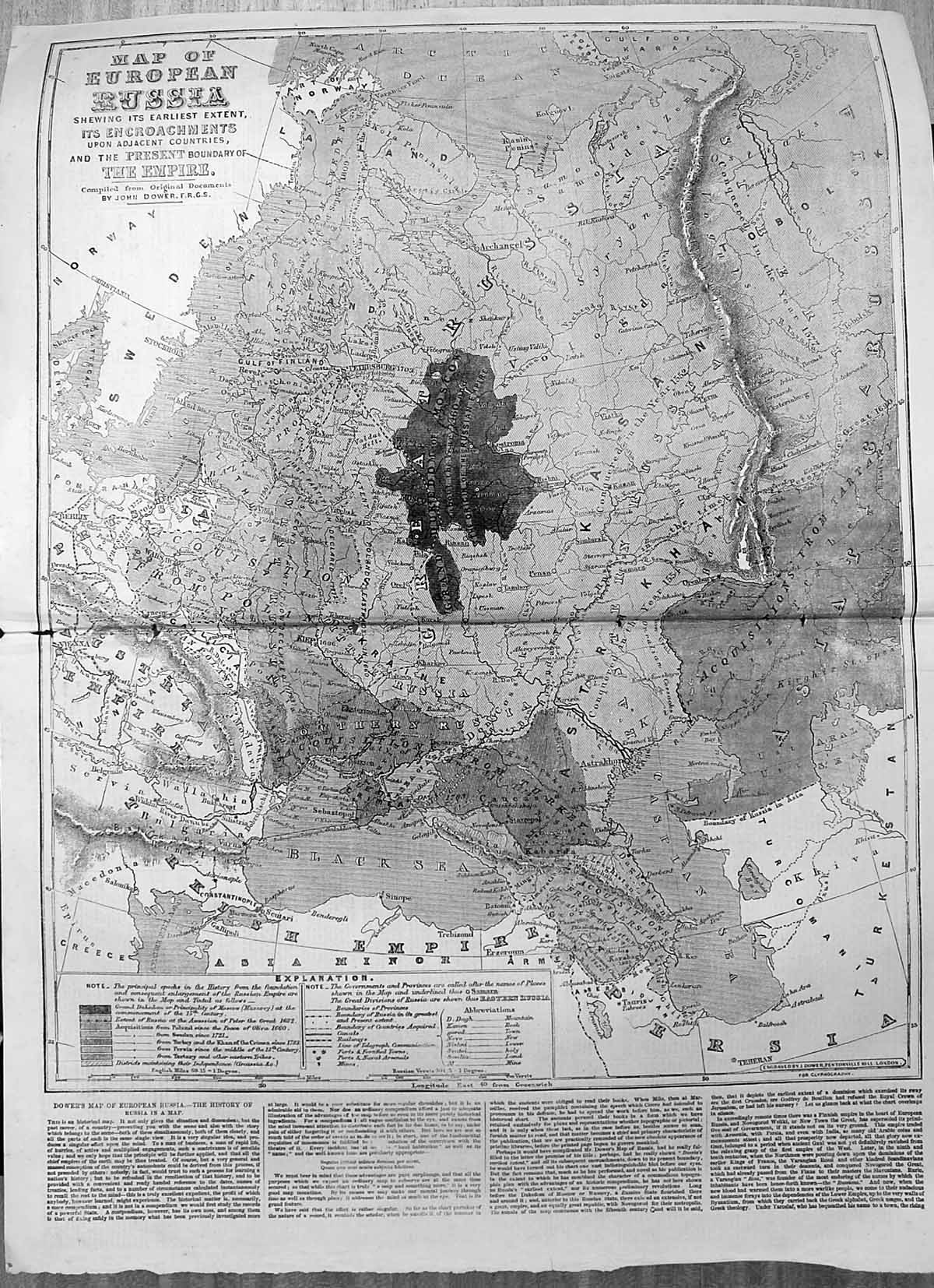 Antique Old Print Map European Russia Encroachments Adjacent Countries 1855