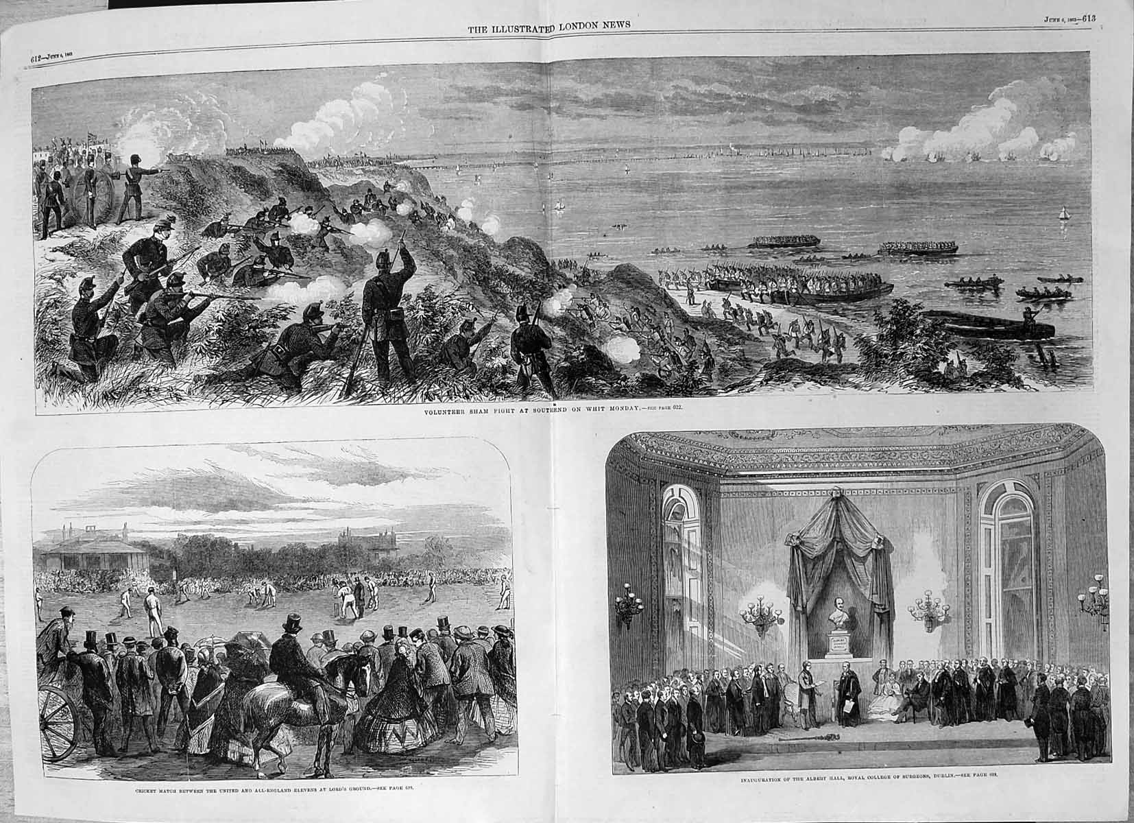 Antique Print Volunteer Sham Fight Albert Hall College Surgeons Dublin 1863