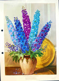 Original Old Antique Print Delphiniums Vase Purple Blue Colour Flowers