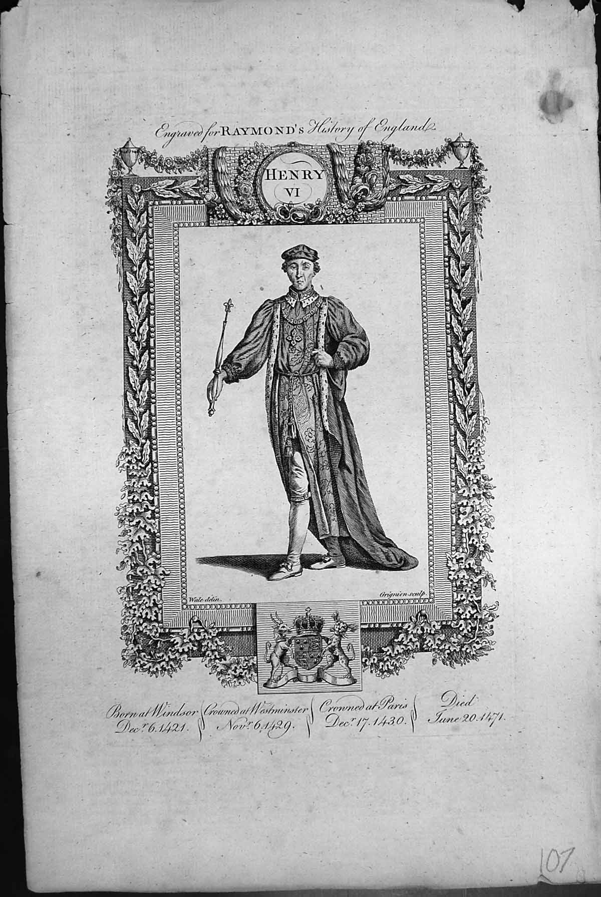 Old Print Henry V1 Born Windsor 1421 Crowned Westminster Paris Died 1474