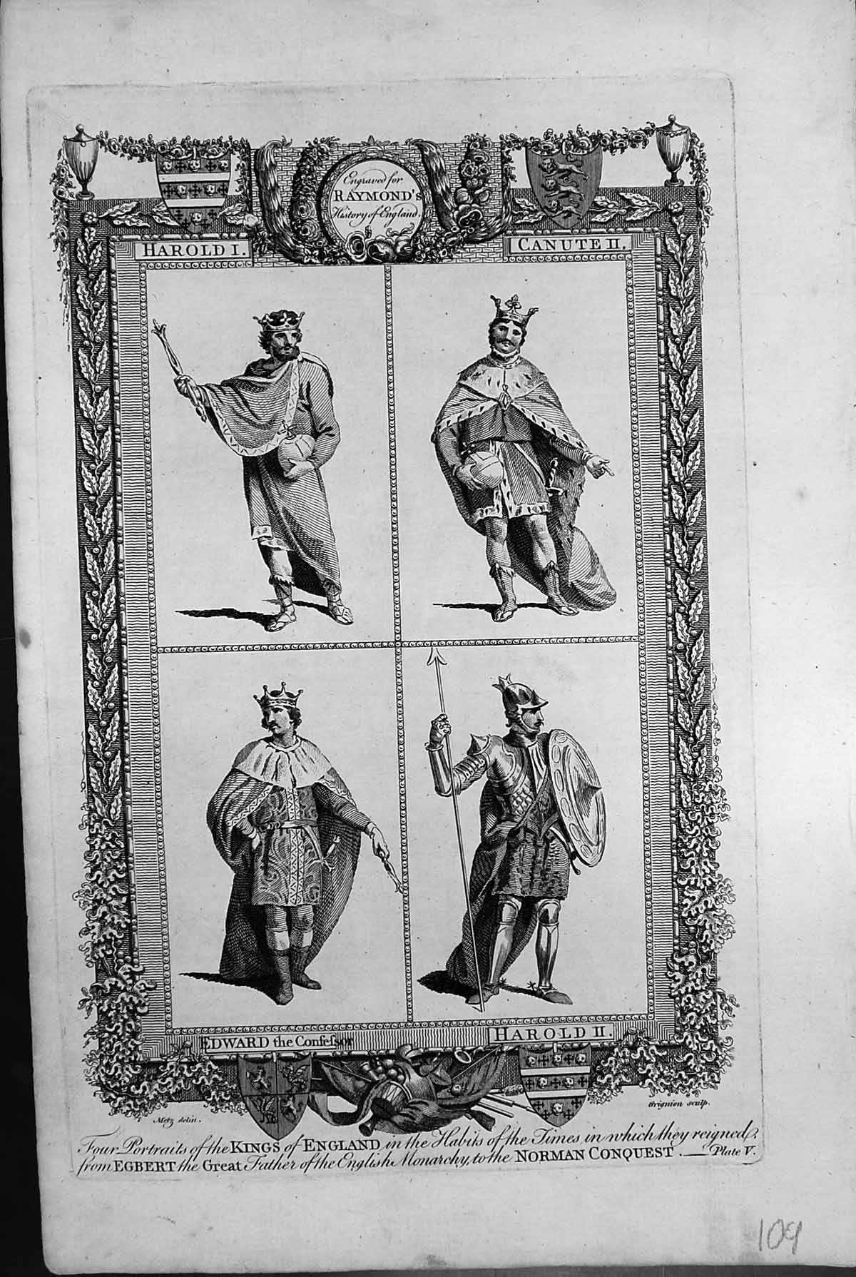 Original Old Antique Print Kings England Har1 Canute 11 Edward Confefsor Har11