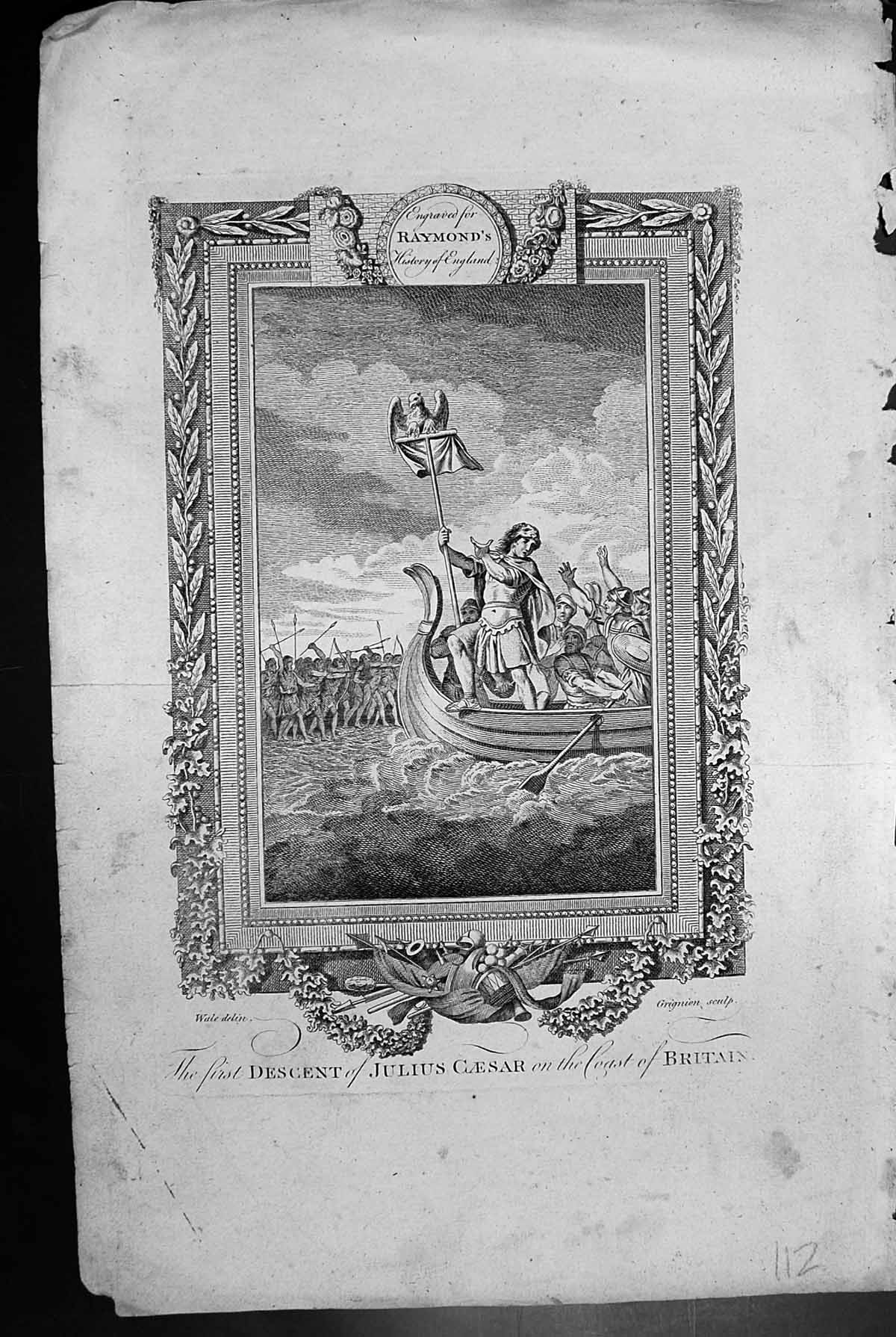 Original Old Antique Print First Descent Julius Caesar Coast Britain