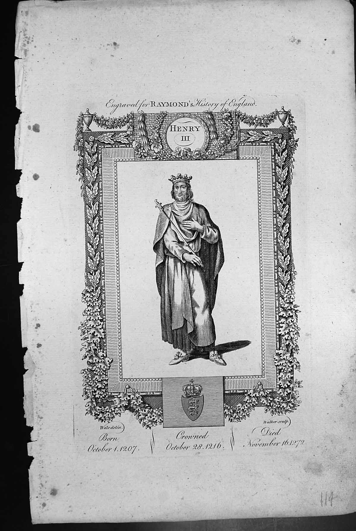 Antique Print Henry 111Born October 1207 Crowned October 1216 Died Nov 1272 114J647