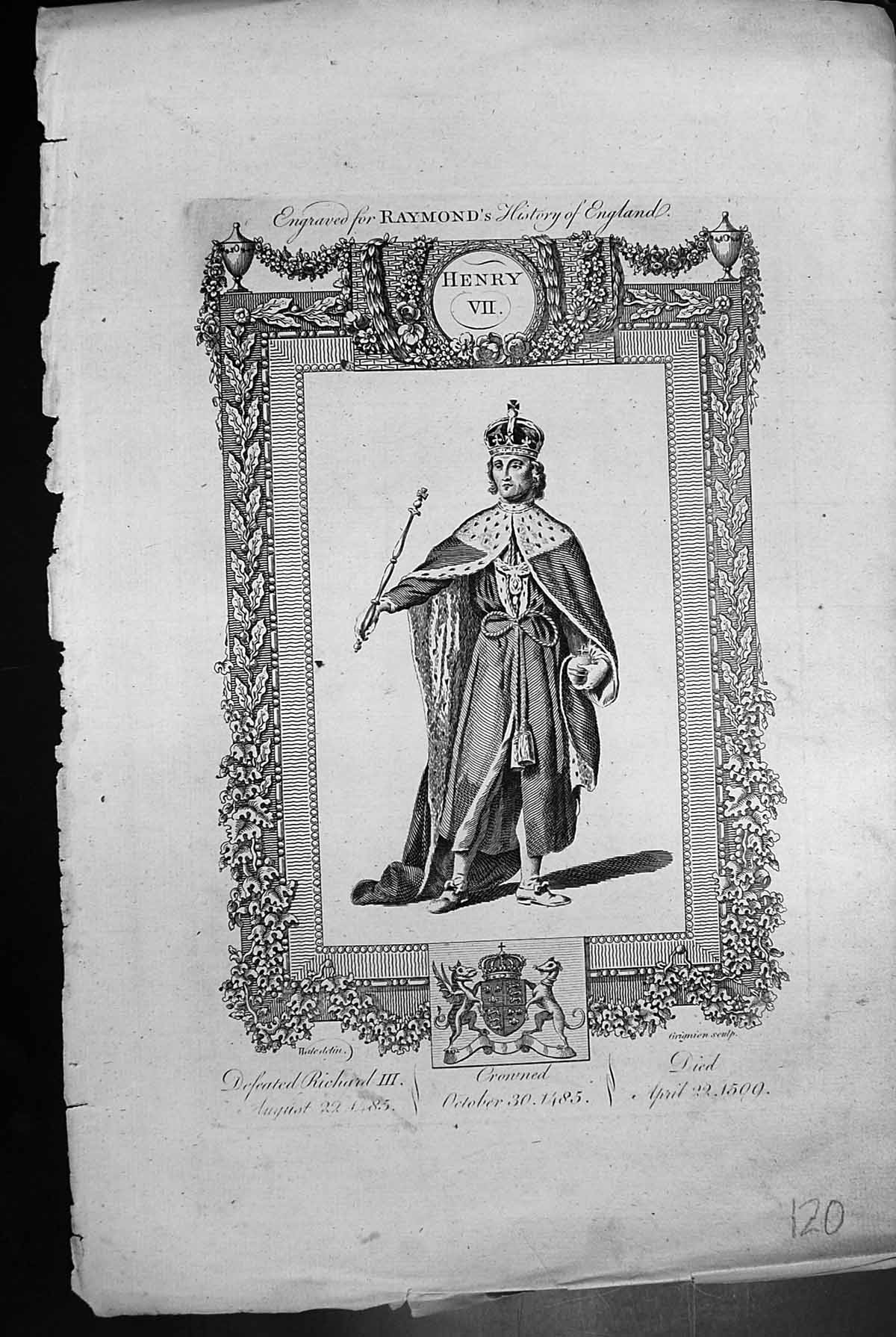 Antique Old Print Henry Vii Defeated Richard 111 1485 Crowned 1485 Died 1509 120J647