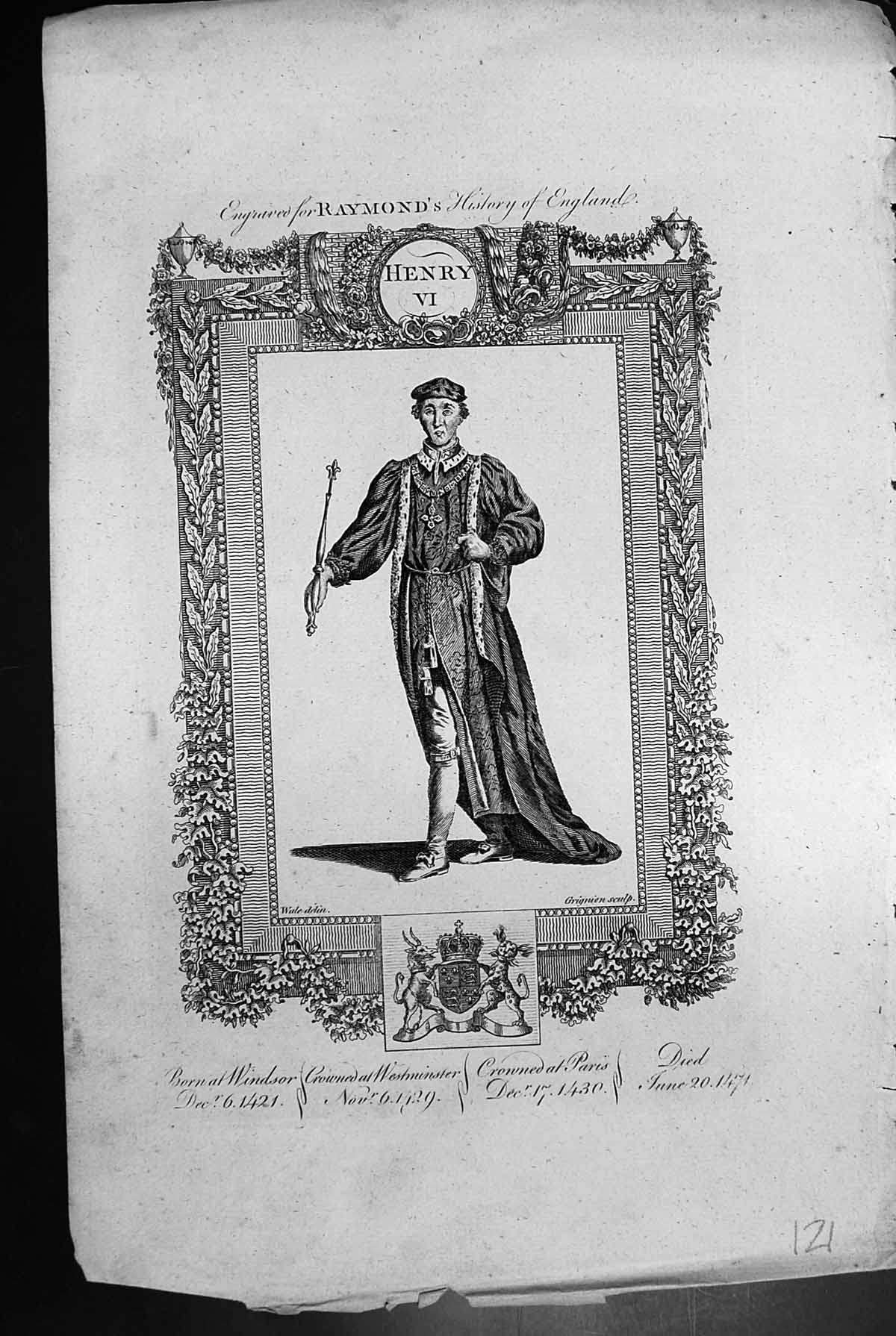 Antique Print Henry Vi 1421- 1471 Crowned Westminster 1429 Crowned Paris 1430 121J647