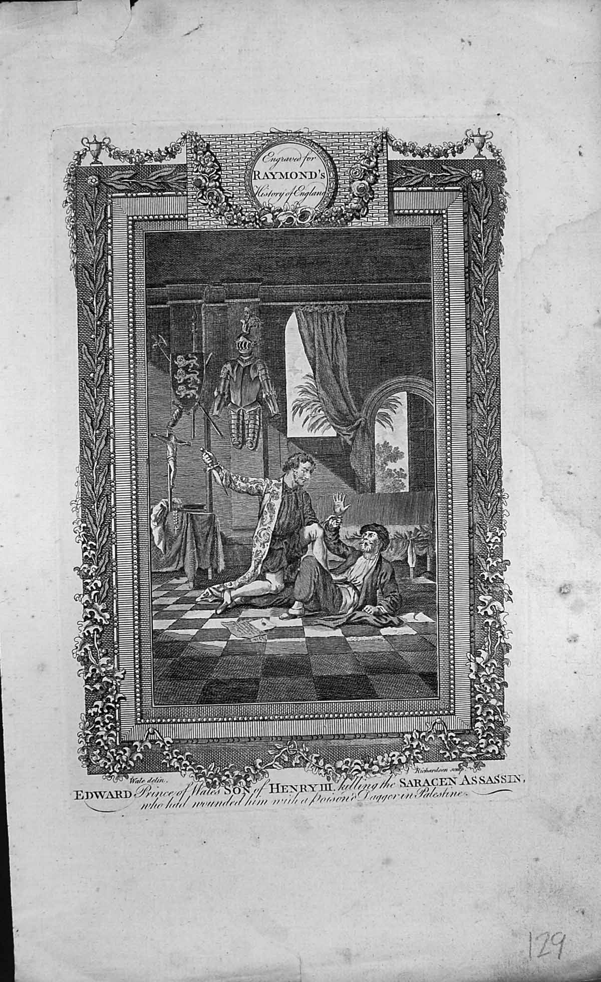 Antique Old Print Edward Prince Wales Son Henry111 Killing Saracen Assassin