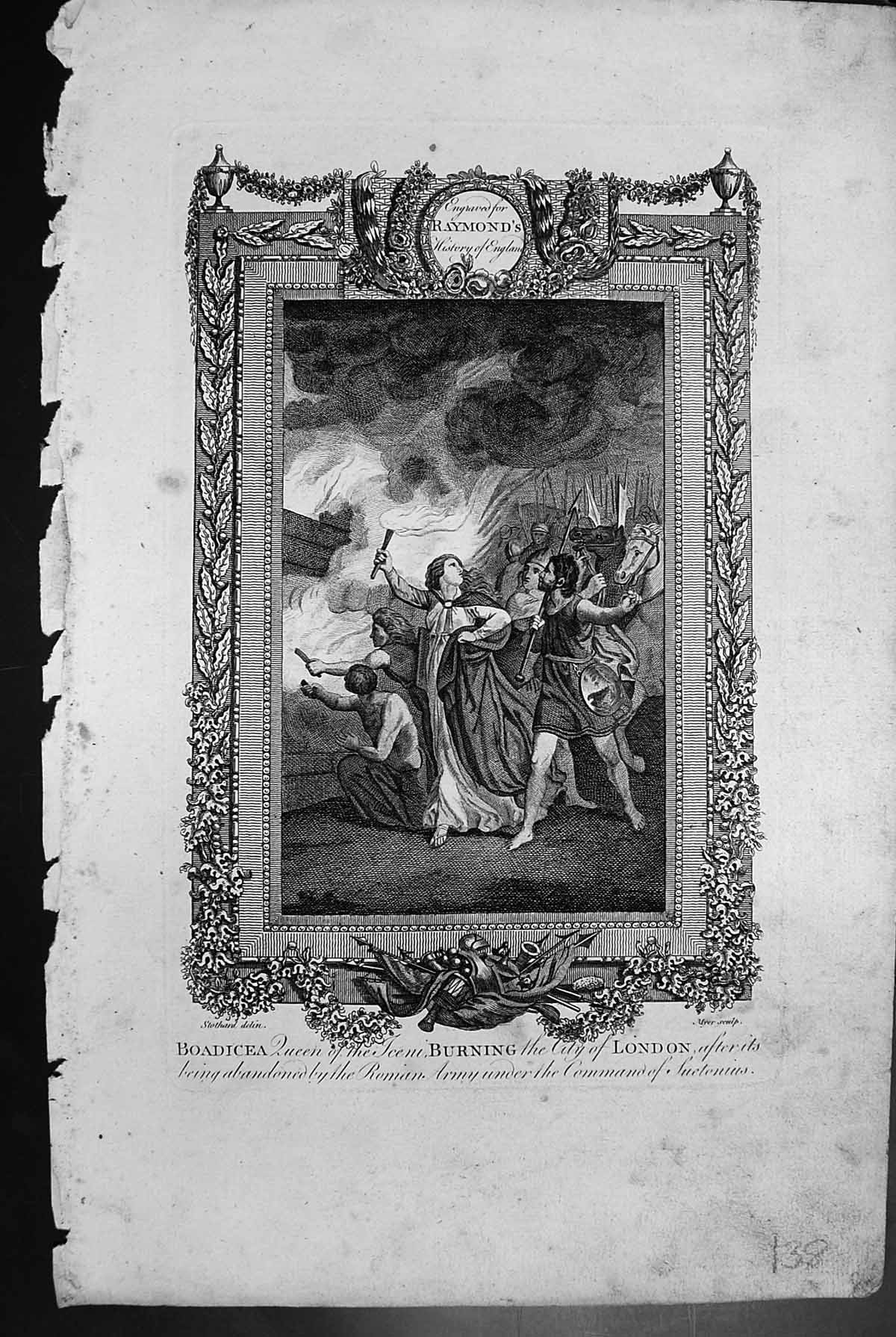 Antique Old Print Boadicea Queen Iceni Burning London Abandoned Roman Army