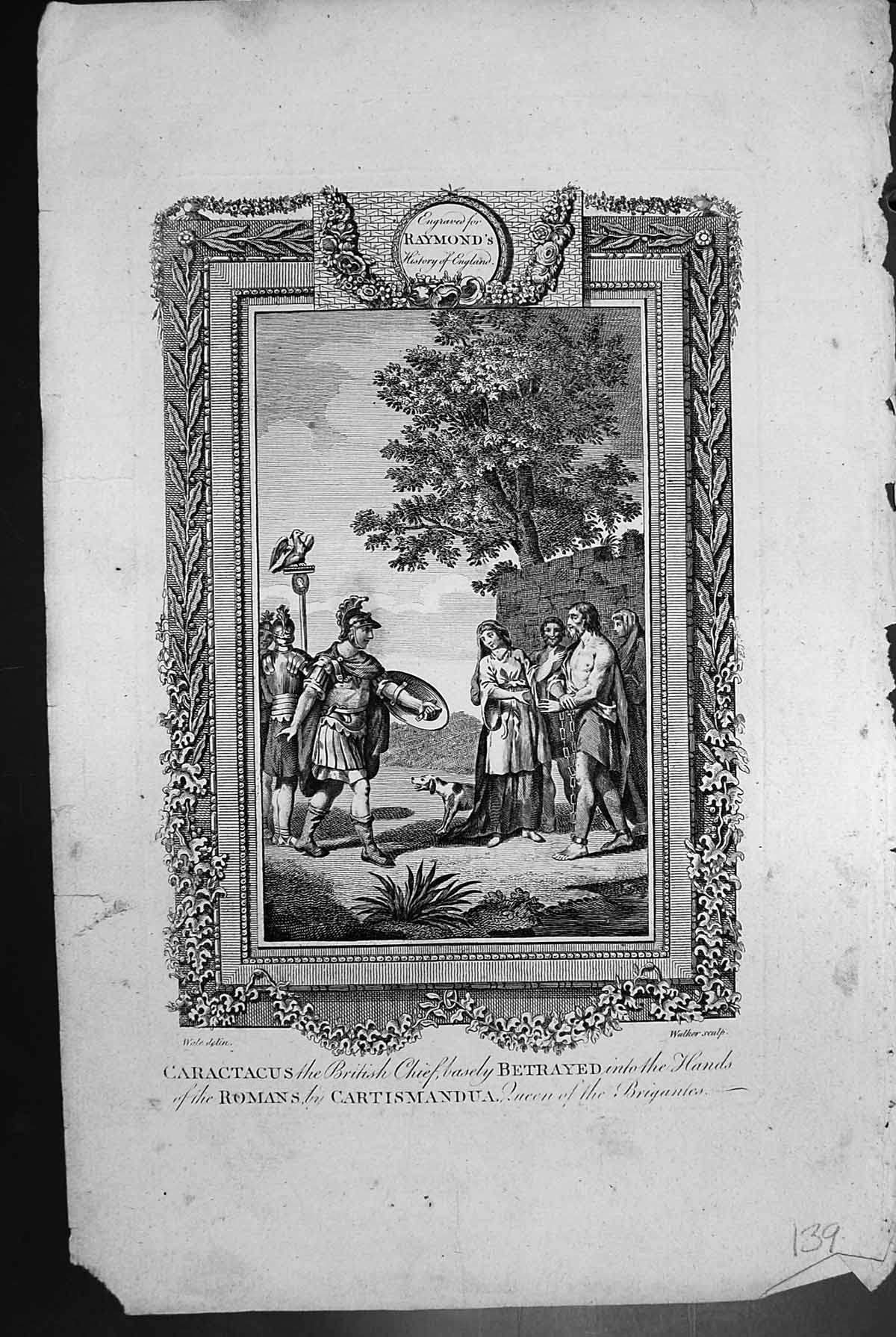 Antique Old Print Caractacus British Chief Betrayed Hands Romans Cartismandua
