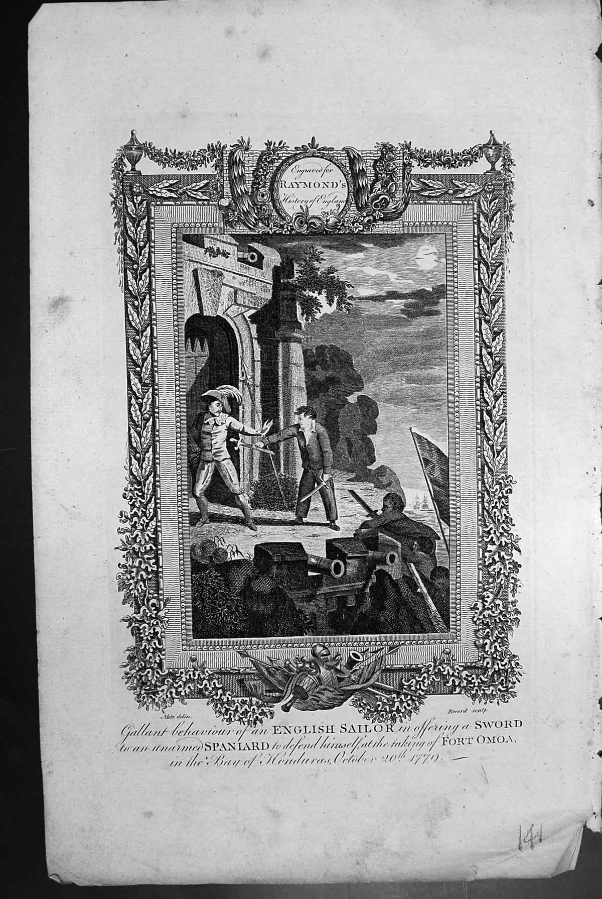 Old Print Gallantry English Sier Offering Sword Unarmed Spaniard Fort Om