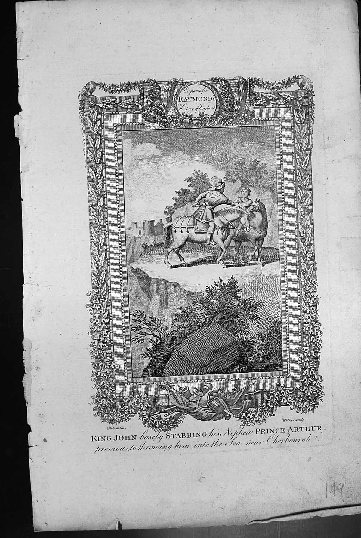 Antique Old Print King John Stabbing Nephew Prince Arthur Throwing Into Sea