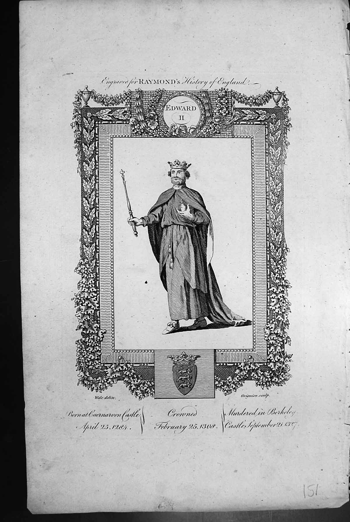 Old Print Edward 11 Born 1284 Crowned 1308 Murdered Barkeley Castle 1327